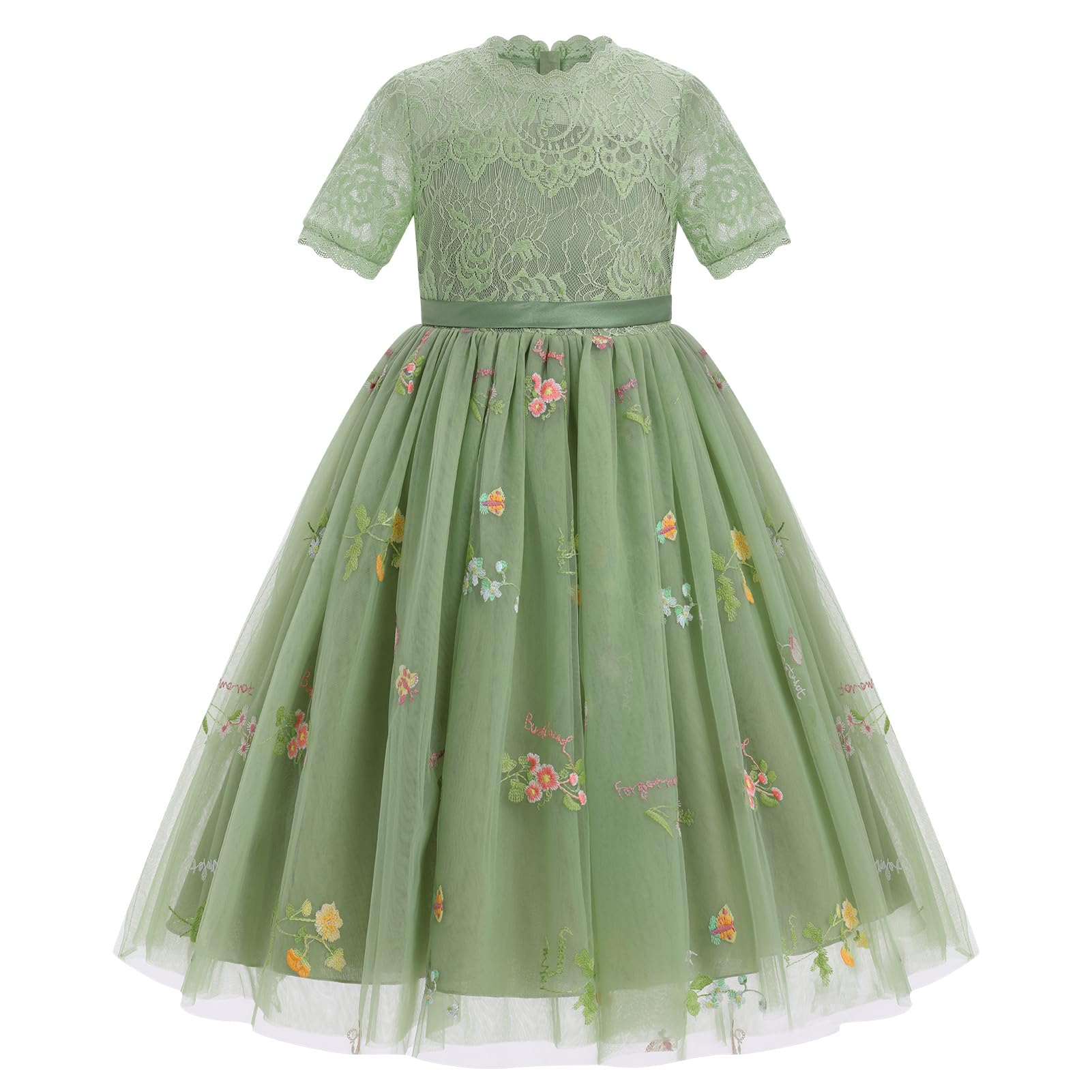 Abito da bambina in pizzo, a maniche corte, girocollo, in tulle, da principessa, per compleanno, damigella d'onore, matrimonio, festa, cerimonia, prima comunione
