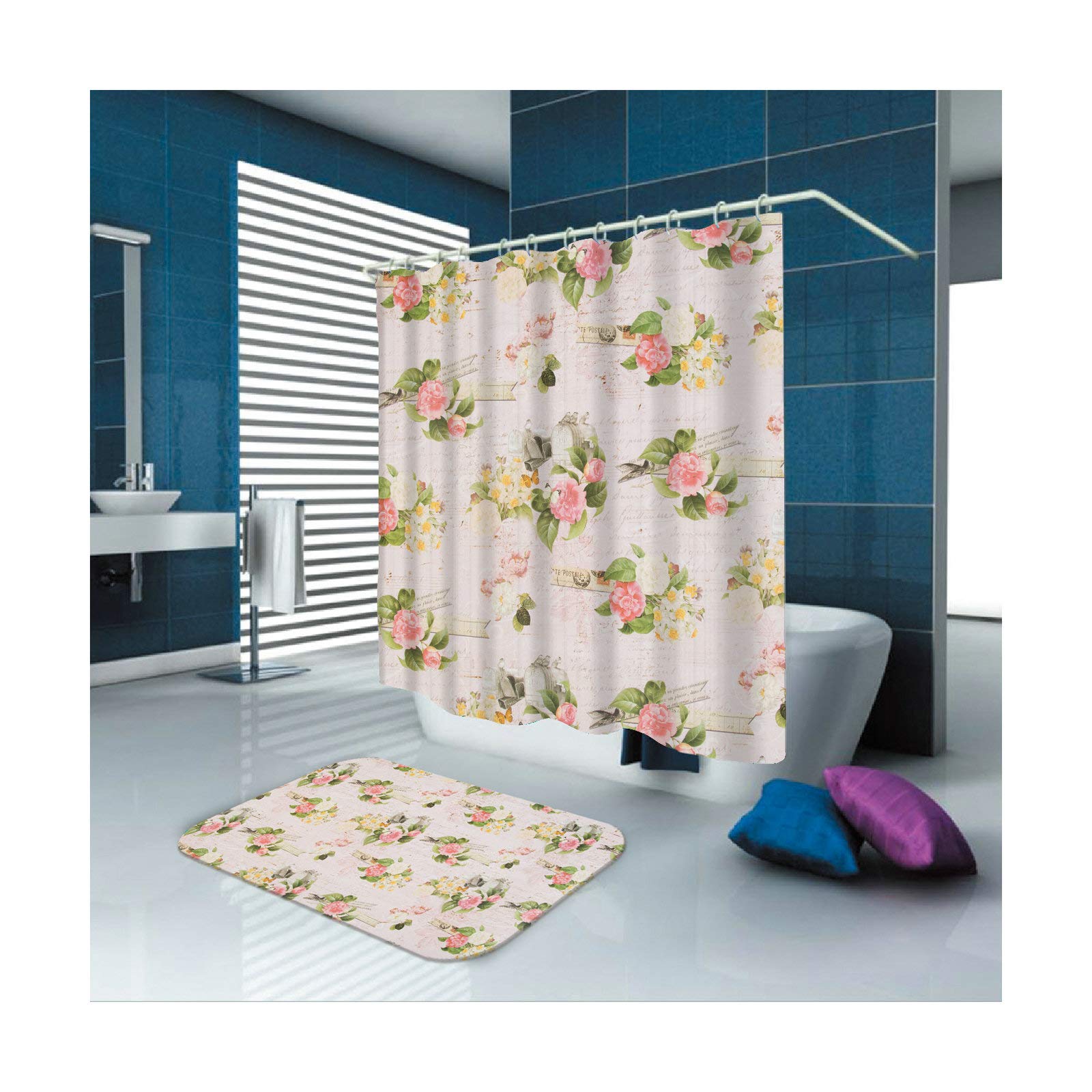 Daesar Dywaniki łazienkowe prysznic antypoślizgowe 40 x 60 kwiaty 165 x 200 cm zasłona łazienkowa vintage zestaw mat łazienkowych