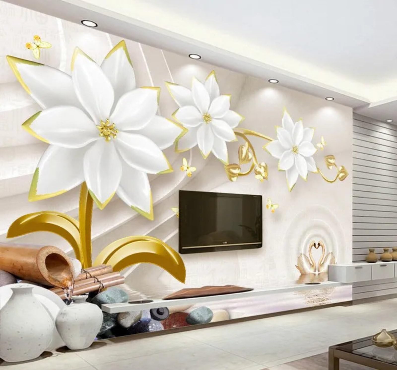 Wallpaper-3D-Xlm 300Cm×210Cm(B×H) Luxury Beautiful White Flowers Butterflies 3D Wallpaper Easy Install Feature Office Living Room Sofa Bedroom Tv Background Wall Decoration-300Cm×210Cm