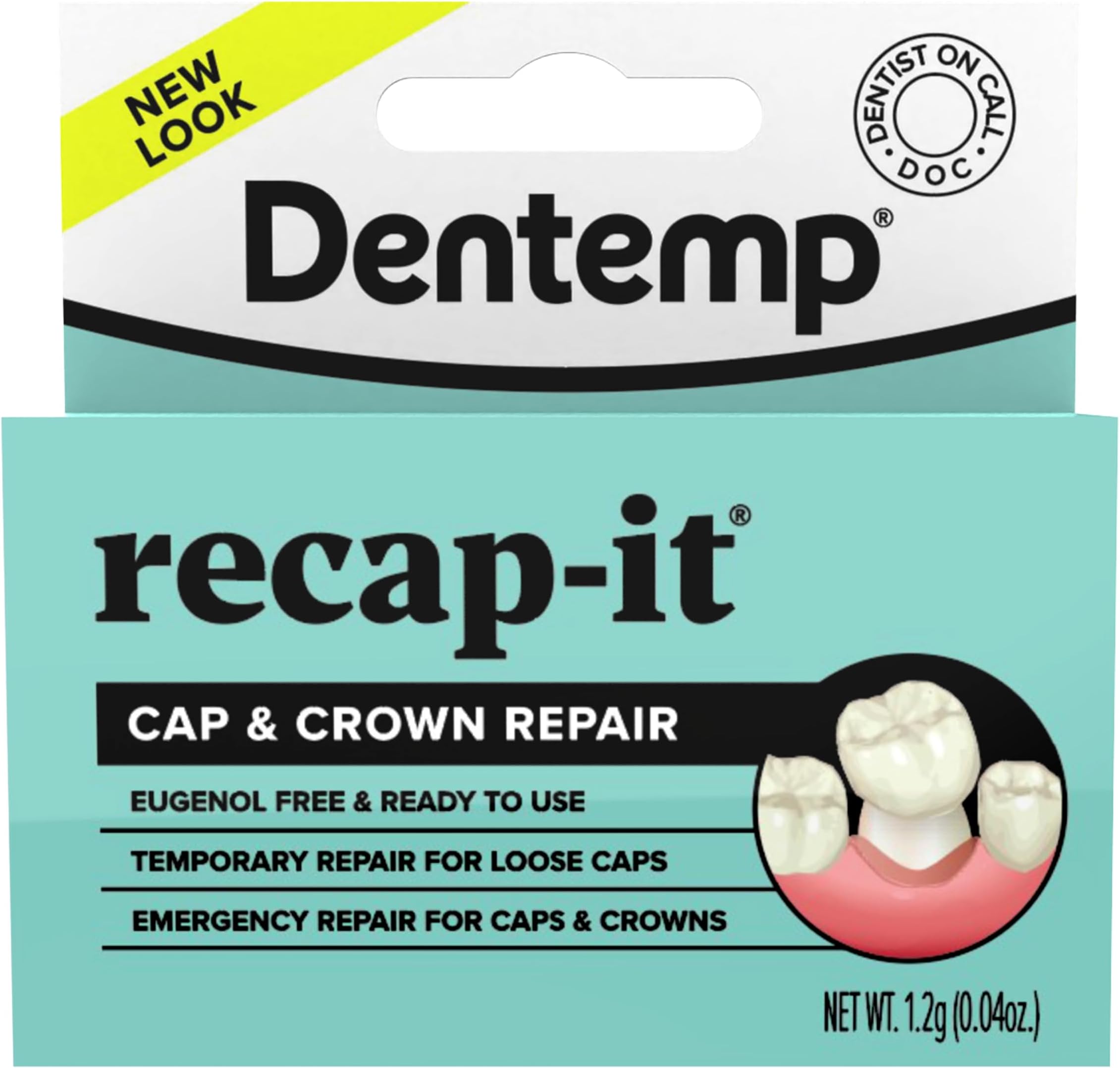 Dentemp Recap-It Cap and Crown Repair Dental Kit - Fast Acting Formula Dental Cement for Loose Caps (Pack of 1) - Temporary Cement for Crown and Bridge