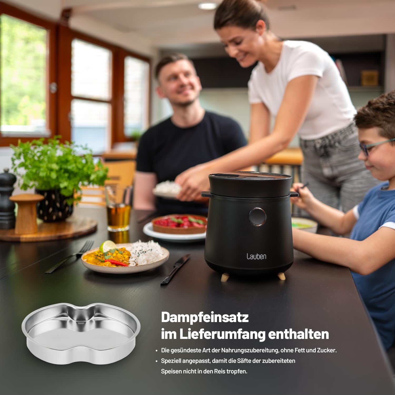 Lauben Multifunction Rice Cooker 1500BW, Multifunktionaler Reiskocher - Leistung 350 W, Volumen 1,5 l, Digitalanzeige, 9 Programme, Antihaftbeschichtung, Temperaturerhaltung, Startverzögerung