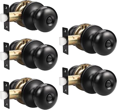 GOBEKOR 5 Pack Matte Black Privacy Door Knobs Stainless Steel Keyless Interior Door Knob with Lock Bedroom Bathroom Round Door Knob