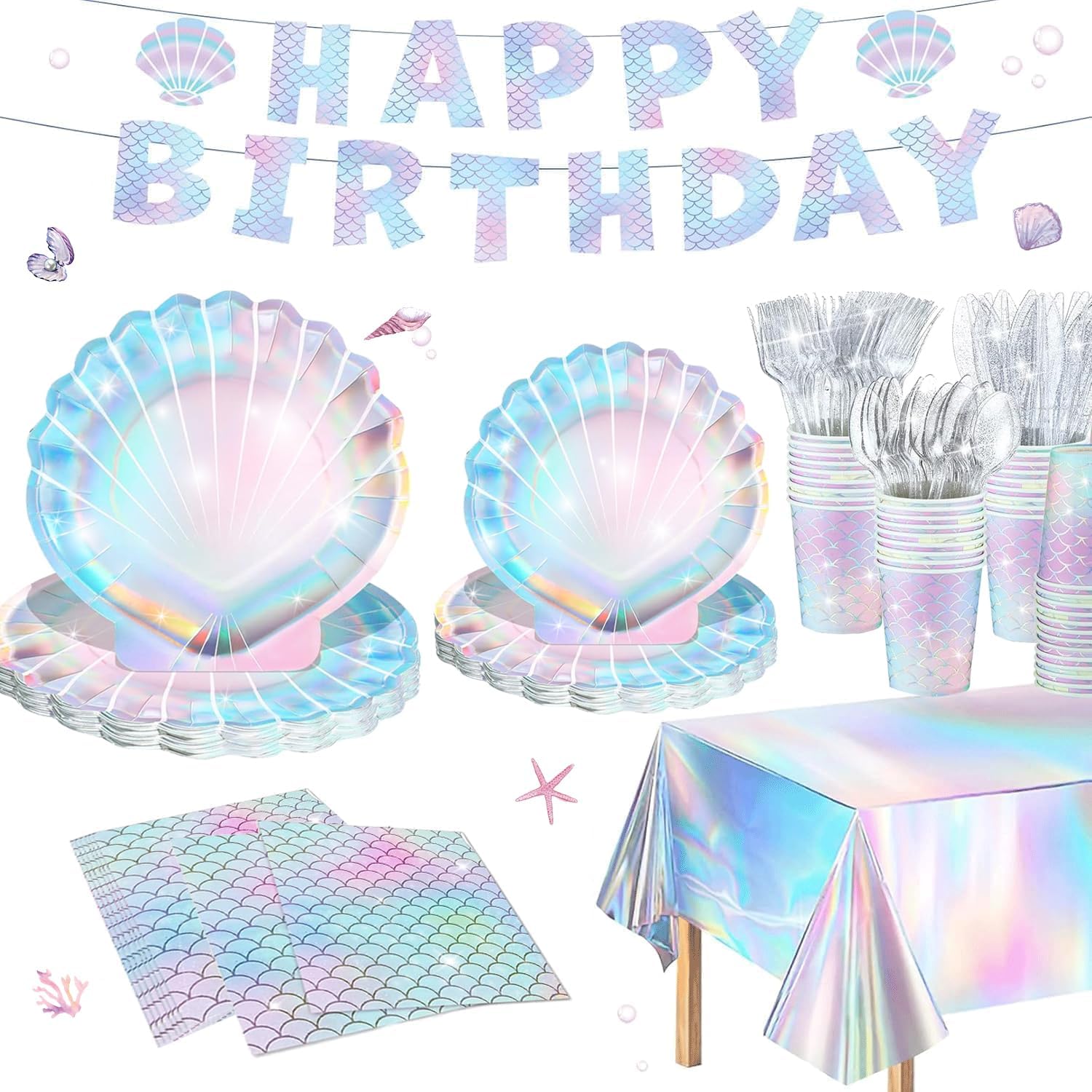 Summer Mermaid Party Supplies for Girls Baby Shower Birthday Party Under the Sea Themed Decor Iridescent Shell Plates Napkins Cups Knives Forks Tablecloths Banners Serves 20 Guests 122PCS