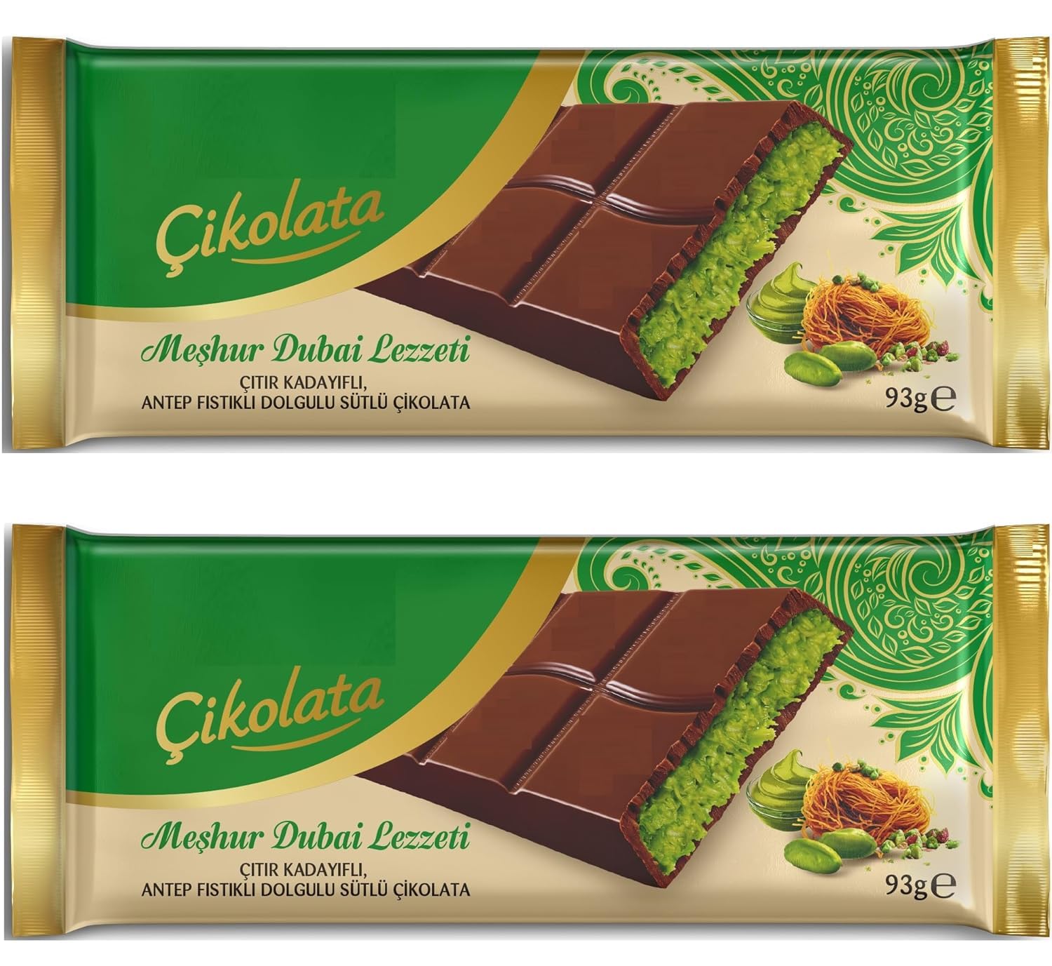 Dubai Chocolate - Milk Chocolate With Pistachio, 93 gram Total 16.4 oz Pack of 2