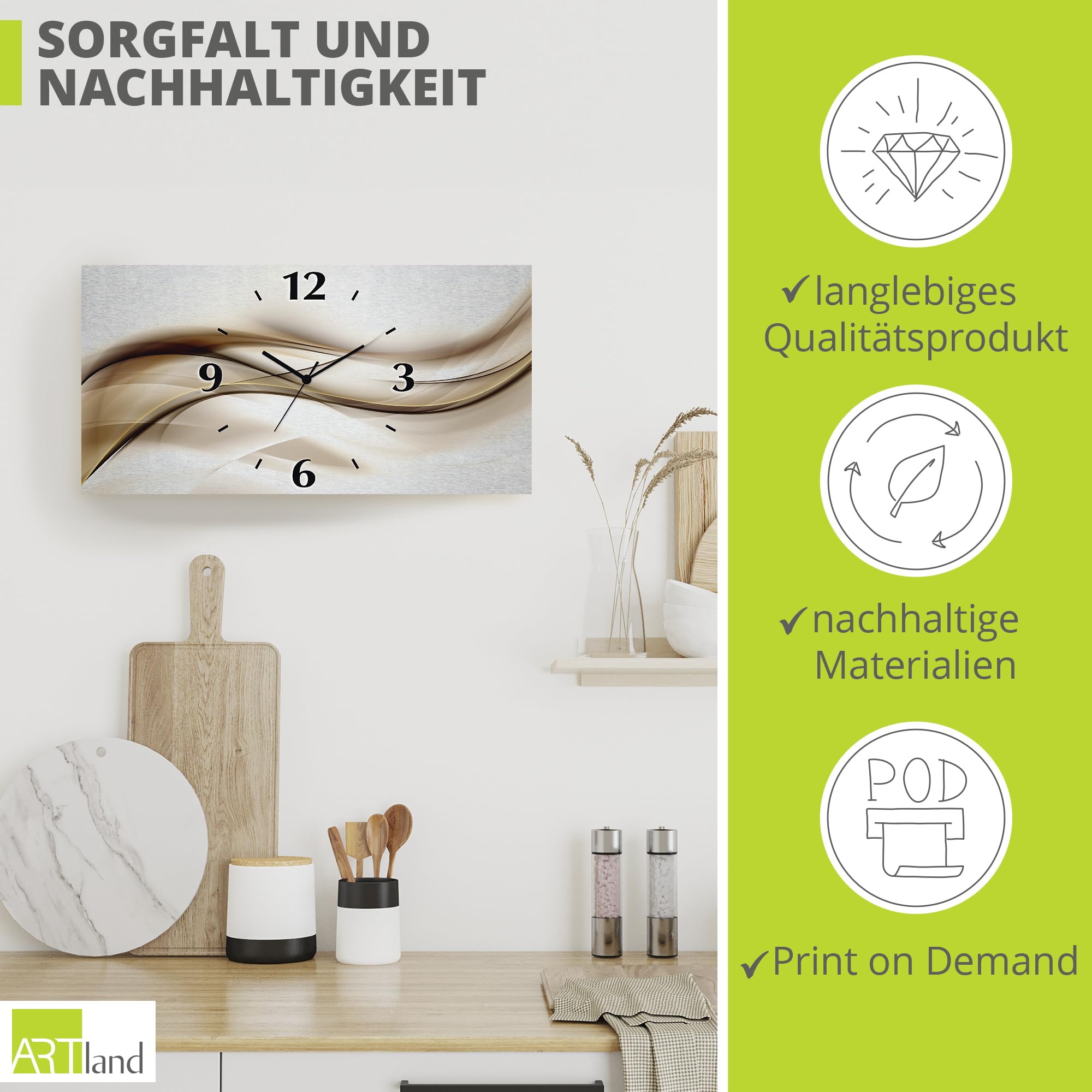 ARTLAND Wanddeko Wanduhr ohne Tickgeräusche Alu Funkuhr 50x25 cm Eckig Lautlos 3D Design Welle Abstrakt Modern Ausgefallen T9LI