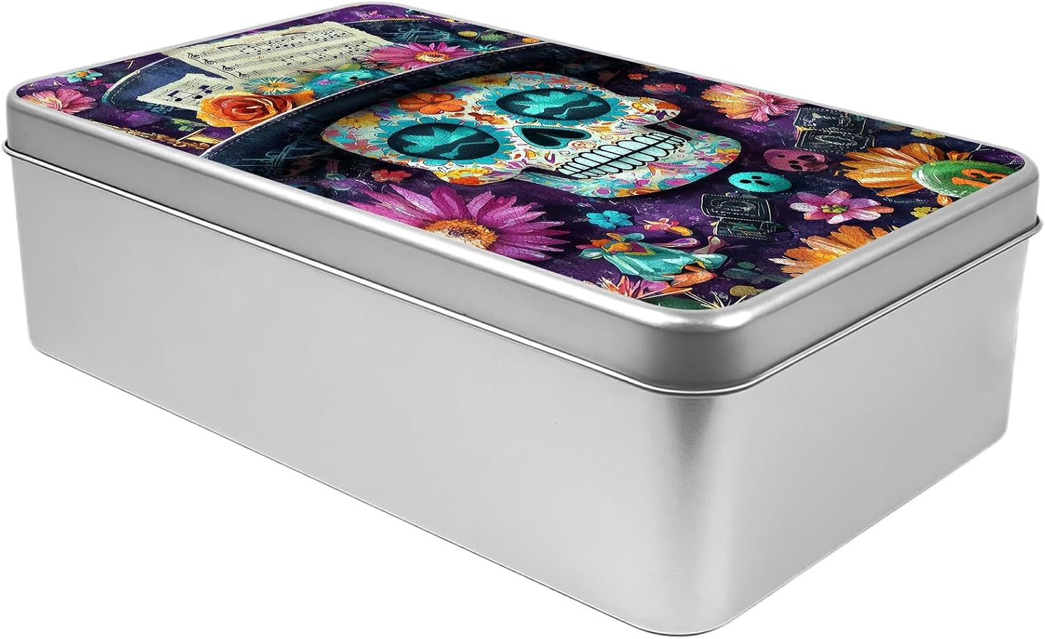 Metal Tin Storage Box with Lid,Sugar Skull