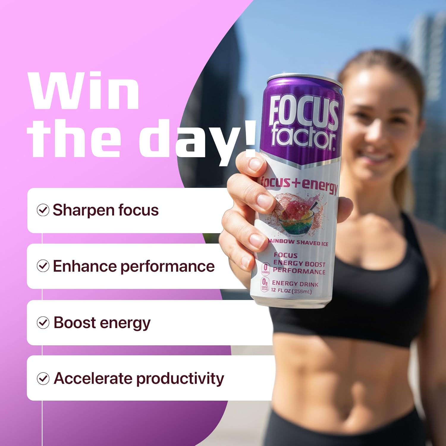 Focus Factor Energy Drink - 12 x 355ml Cans (Rainbow Shaved Ice Flavor) - with Focus + Energy - Lightly Carbonated, Sugar Free, Low Calorie with Vitamin B6 & Vitamin B12