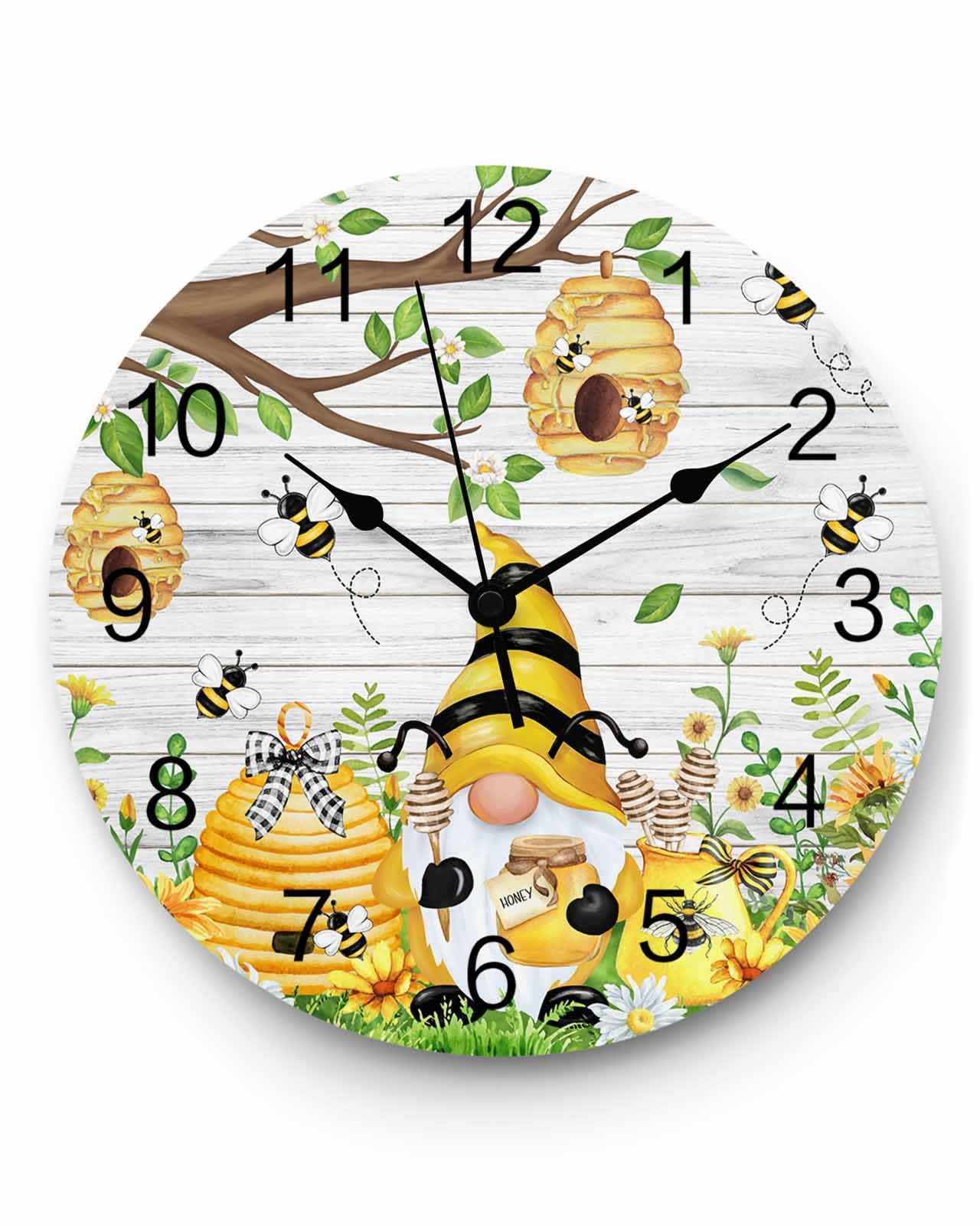 Horloge murale en PVC silencieuse, sans tic-tac, fonctionnant à piles, motif tournesol, marguerite, grain de bois, horloge ronde pour maison, salon, cuisine, chambre à coucher, bureau, école