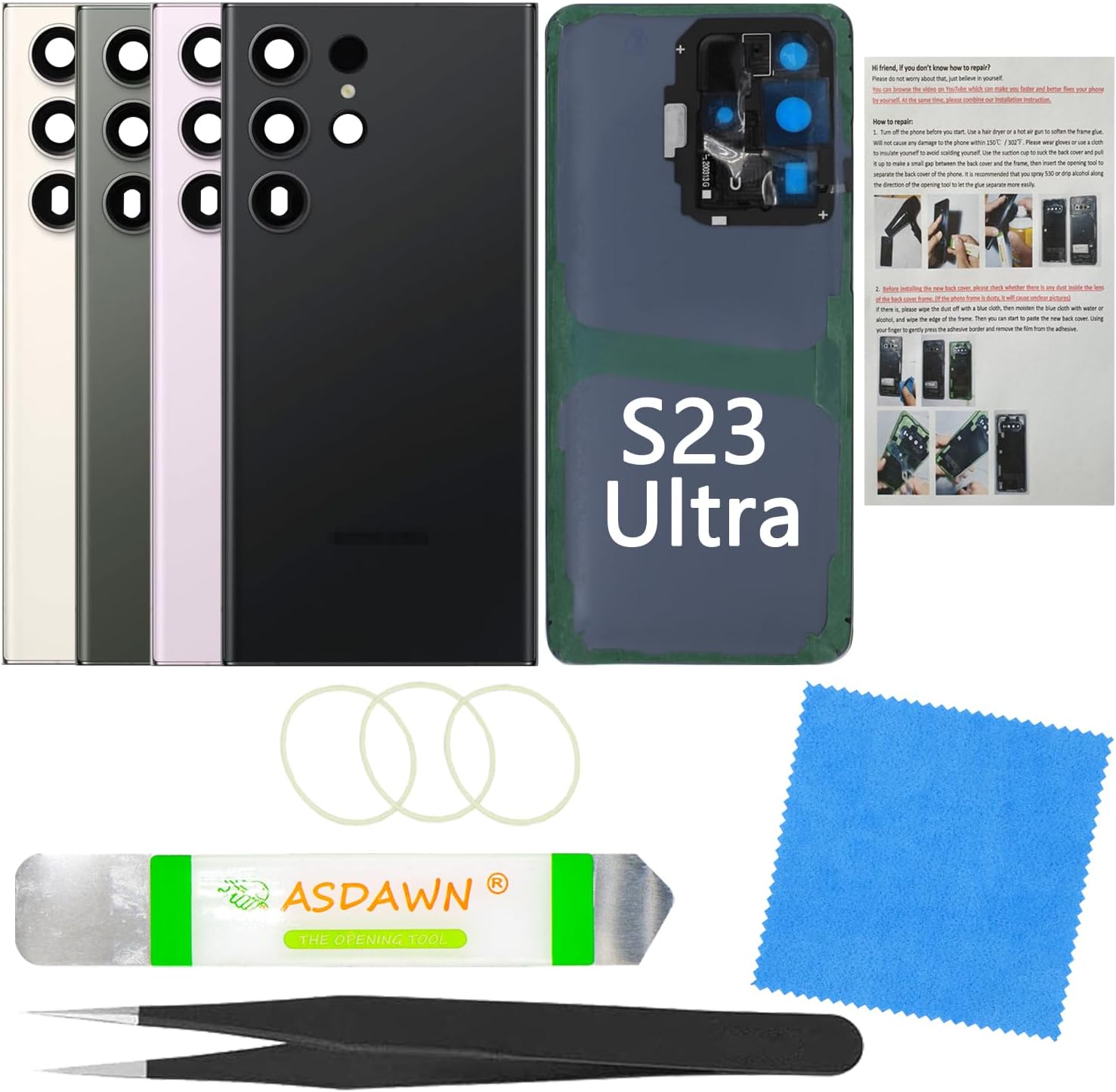 Galaxy S23 Ultra Back Cover Glass Replacement with Pre-Installed Camera Lens + Installation Manual + Repair Tools for Samsung Galaxy S23 Ultra 5G SM-S918 All Carriers (Phantom Black)