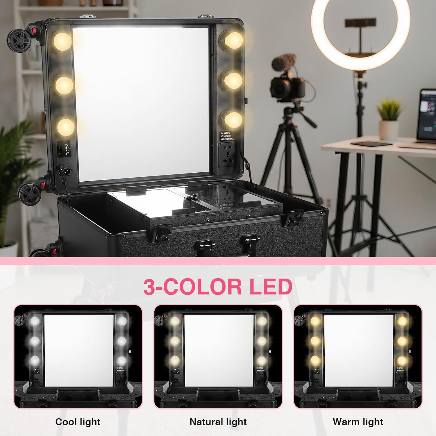 Rolling Makeup Train Case with Mirror and Lights Professional Cosmetic Travel Box Mobile Barber Stations with Bluetooth, Speaker, Wheels, Stands