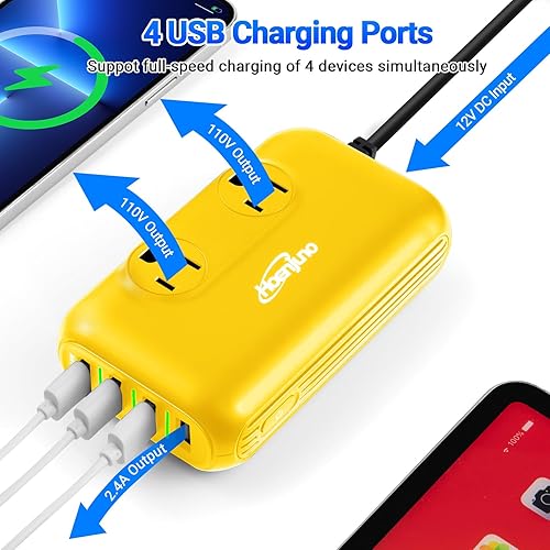 Miniatura 2 de Hoenjuno Inversor de corriente para automóvil de 200 W, CC 12 V a 110 V CA, cargador de coche Loptop, 3 puertos USB, adaptador de enchufe para