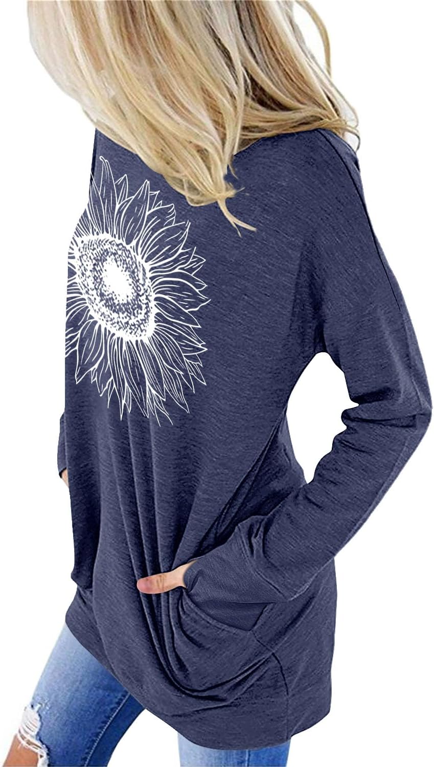 onlypuff Womens Tunic Tops Graphic T Shirts for Women Long Sleeve Shirts Blouse Ladies Pokcet Shirt Fall Top Sweatshirt NavyBlue XL - Image 3