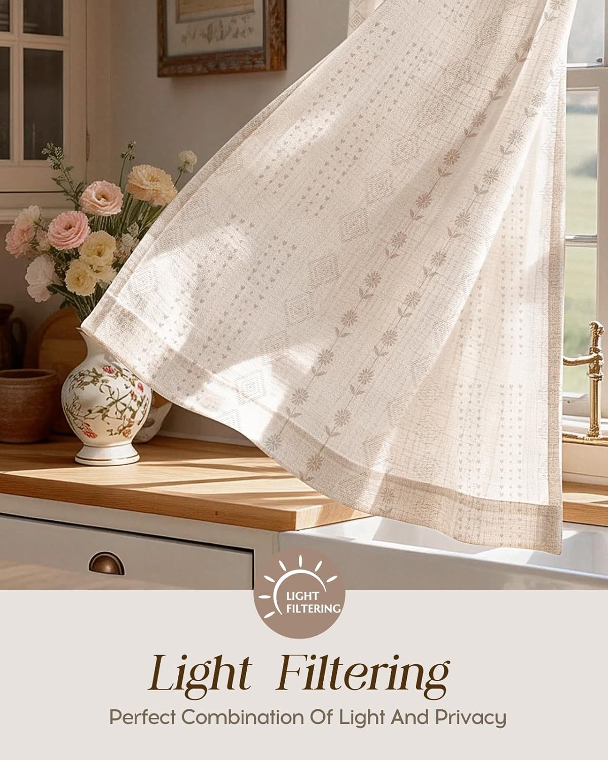 Miss Adola Farmhouse Kitchen Curtains - 36 Inch Length Boho Linen Blend Striped Kitchen Window Tier Curtains Beige Cafe Drapes Rod Pocket for Windows Light Filtering, 2 Panels