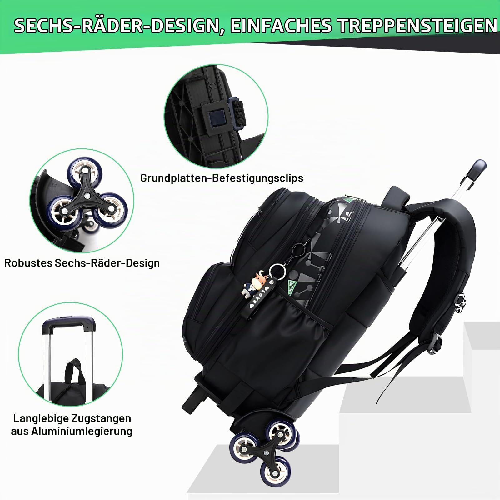 Amythe Kinderrucksack mit Rollen, Abnehmbare Trolley Schulranzen für Jungen Mädchen der Klassen 1-5, Robuster Lässig Rucksack mit 6 Rädern Schulrucksack für Schule/Reise, Schwarz