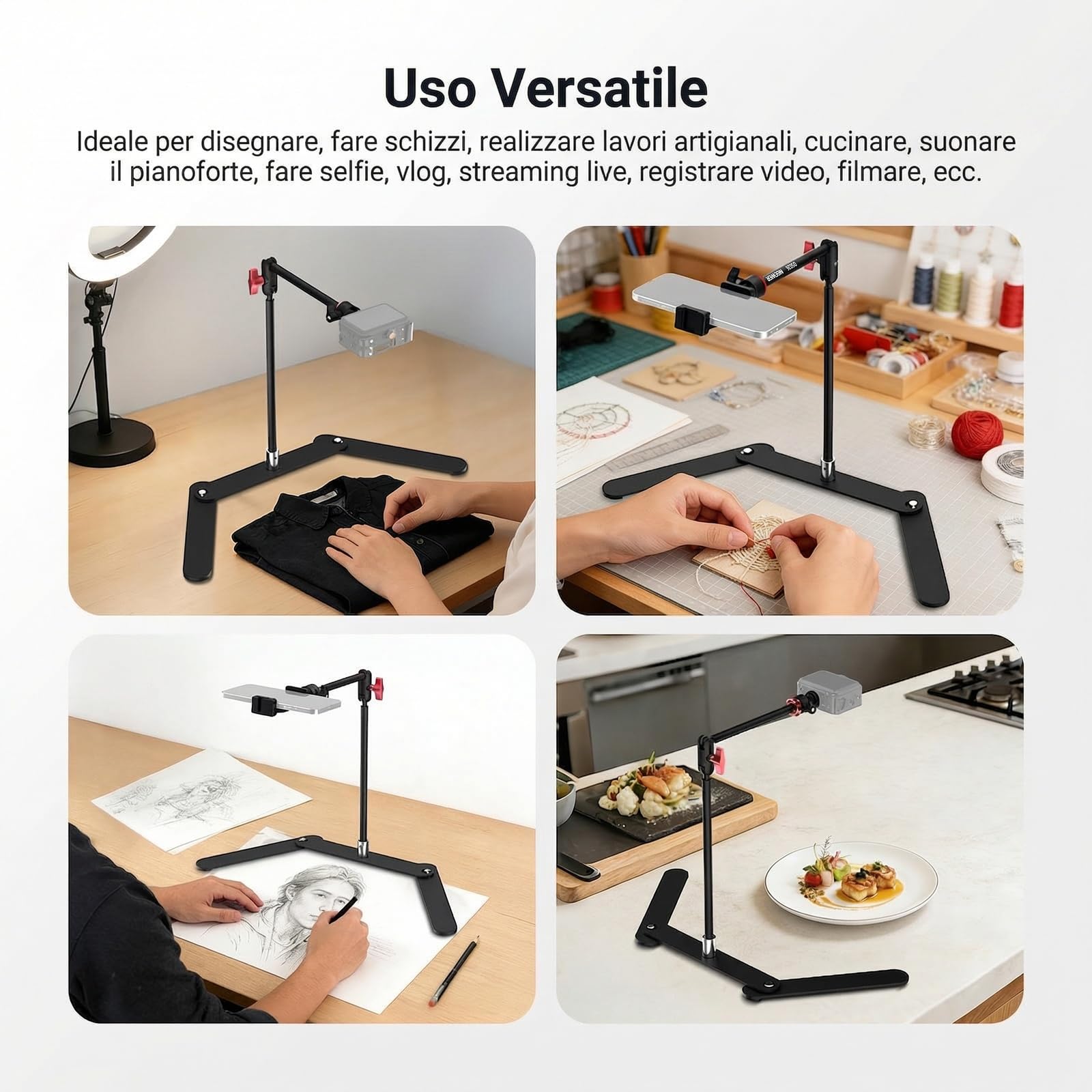 NEEWER Supporto Treppiede Telefono Overhead con Braccio Articolato con Doppia Testa Sferica, Porta Cellulare da Tavolo con Base Pieghevole per Pianoforte Cucina Disegno Schizzi Streaming Live, DS026