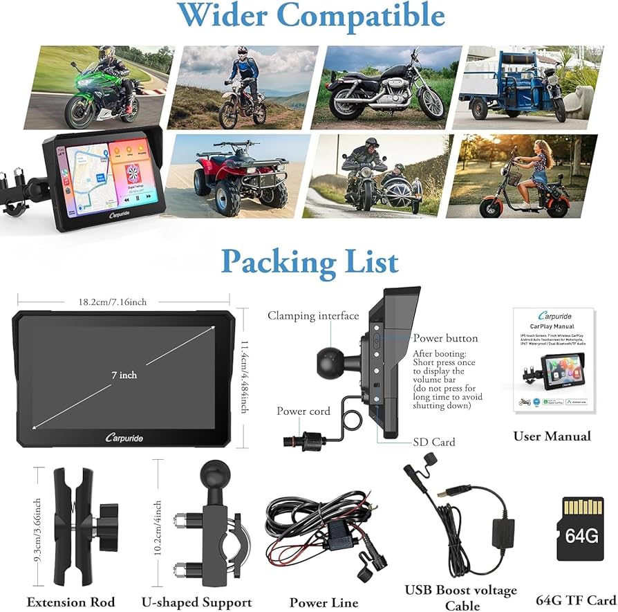Carpuride W702 pour moto, écran tactile étanche de 7