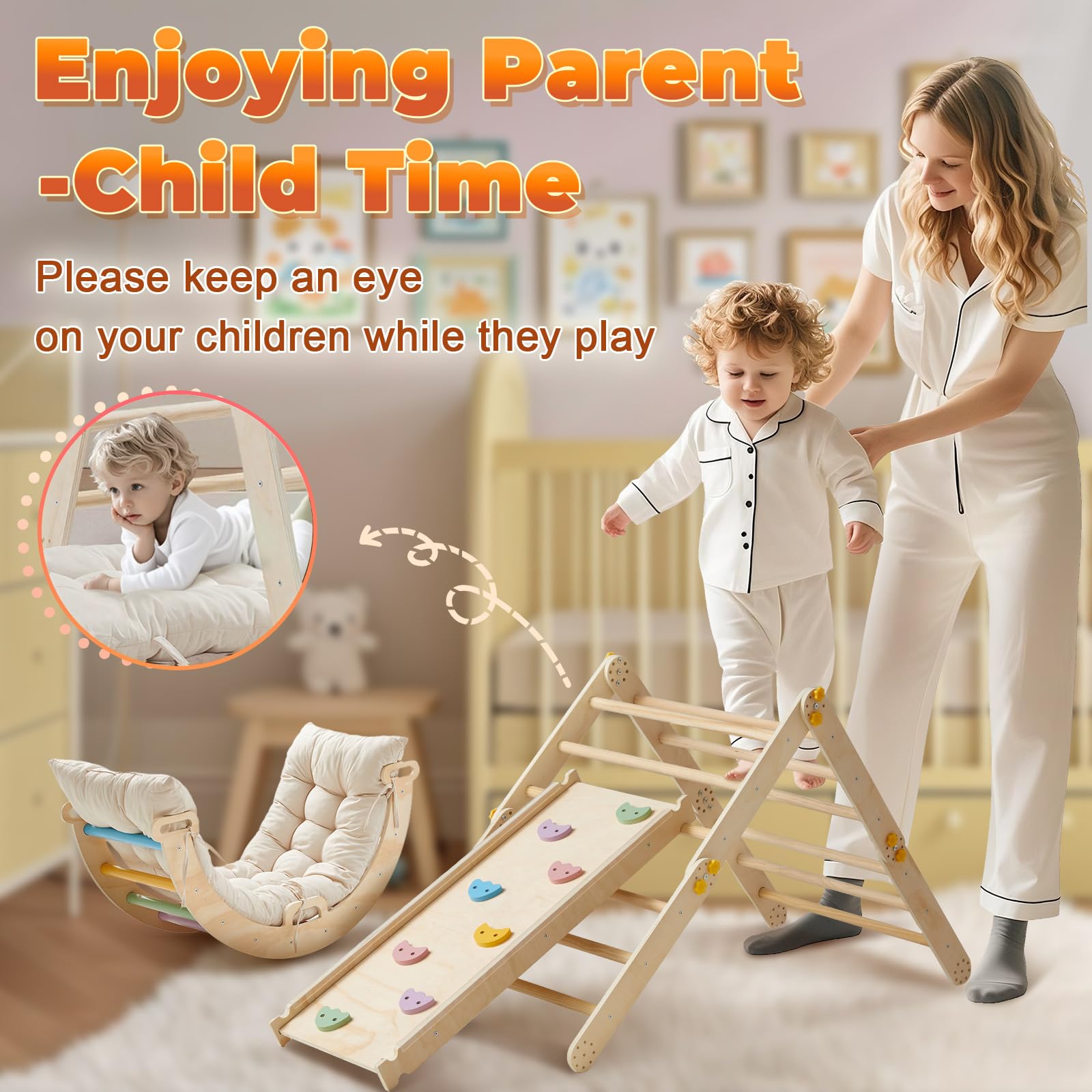 7-in-1 Montessori Klettergerüst Indoor ab 1 Jahr - Kletterdreieck mit Rutsche, Kletterbogen mit Kissen, Pikler Dreieck Baby Klettern Indoor Spielplatz Holz für Kinder und Kleinkinder