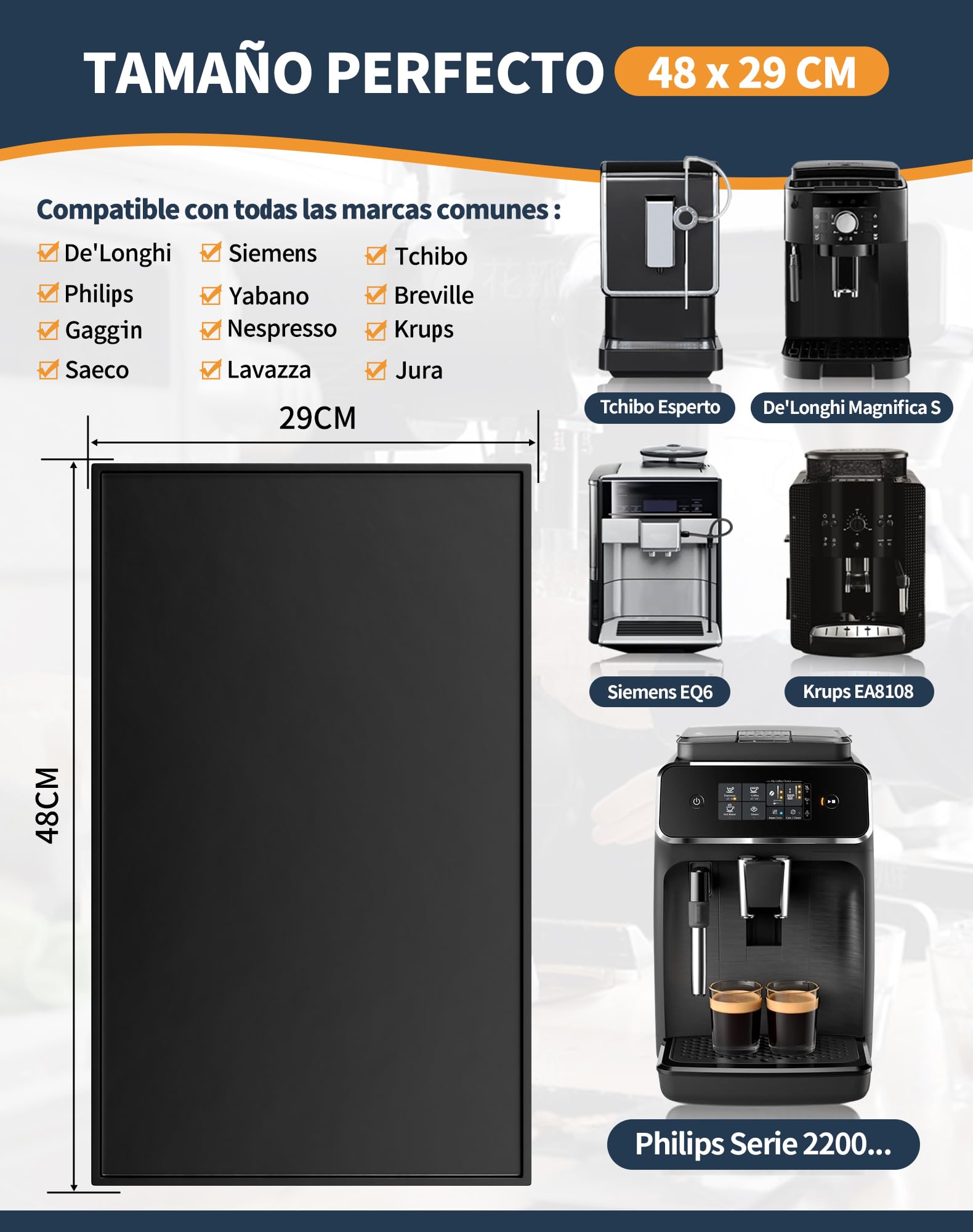 Alfombrilla para Máquina de Café 48x29 cm Base de Silicona para Cafetera alfombrilla Espresso Automática Coffee Mat Compatible con De'Longhi Magnifica, Krups, Philips LatteGo, Cecotec