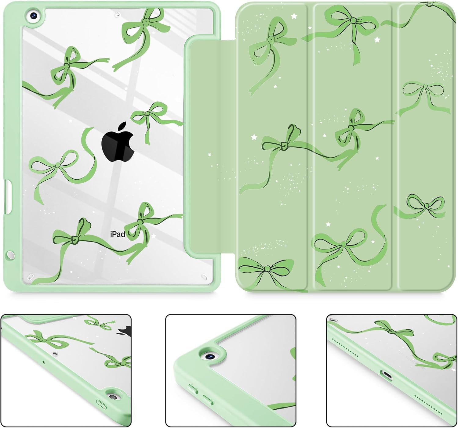 May Chen for iPad 9th Generation with Pencil Holder, iPad 8th/7th Gen Case 10.2-inch, [Penceil Holder] Trifold Stand Auto Wake/Sleep Clear TPU Protection Back Cover, Green Bows