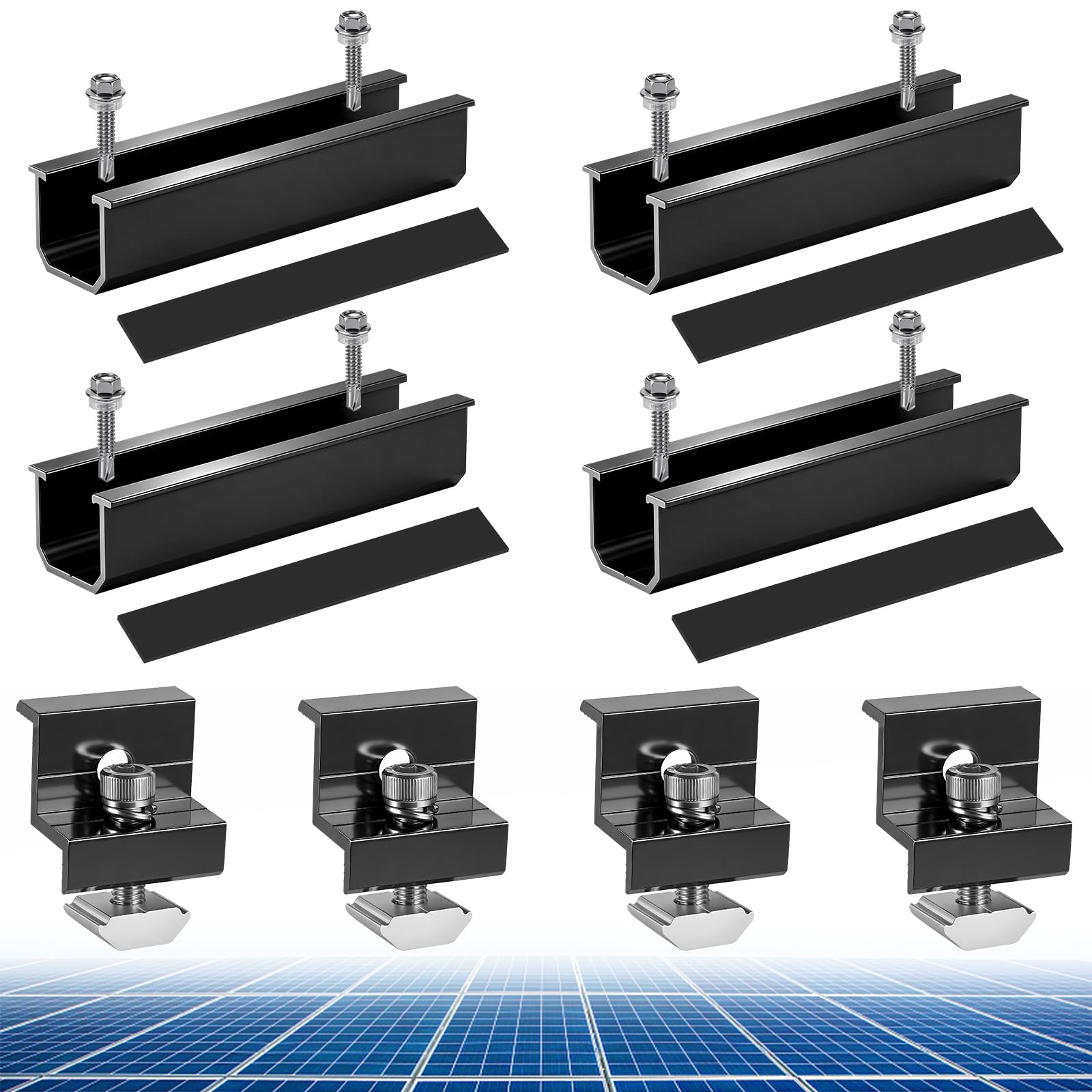 Solarpanel Halterung, PV Halterung Trapezblech Schwarz, Befestigung Solarmodul Enthält vier 4 Endklemmen (30-35mm), 4 Schienen (12cm) y 8 Schraube, Solarhalterung für Ziegeldach, Flachdach, Blechdach