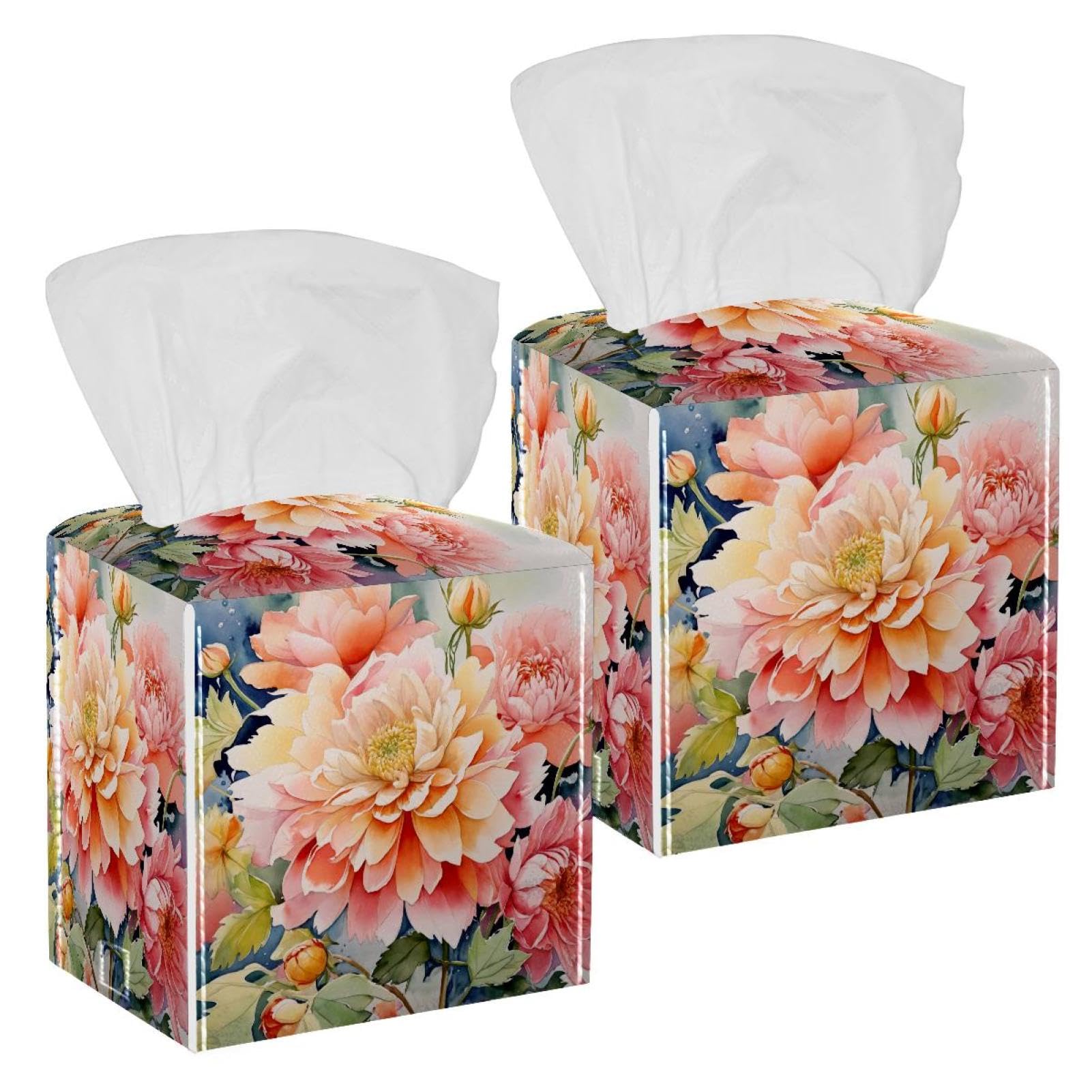 Floral Watercolor Tissue Box Cover, 2 Pack PU Leather Square Facial Tissue Dispenser Box holder for Home Office Car