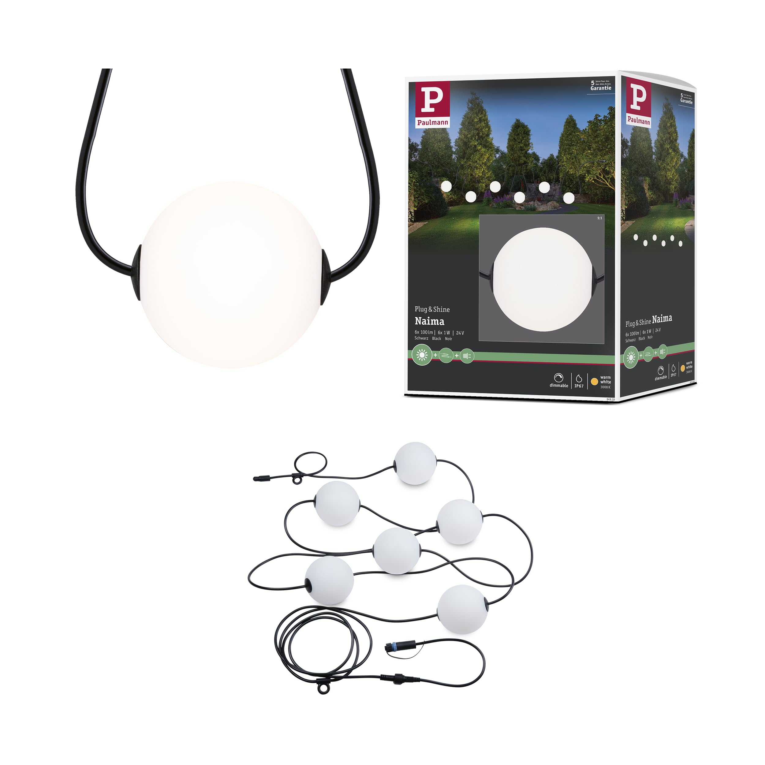 Paulmann 94910 Plug & Shine LED Lichterkette Naima Basisset IP67 3000K 6x1W 5,88m Schwarz