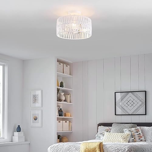 Miniatura 2 de Lámpara de techo de 3 luces tejida en color blanco costero, cuerda de cáñamo, semiempotrada, para pasillo, dormitorio, cocina, entrada, granja, sala