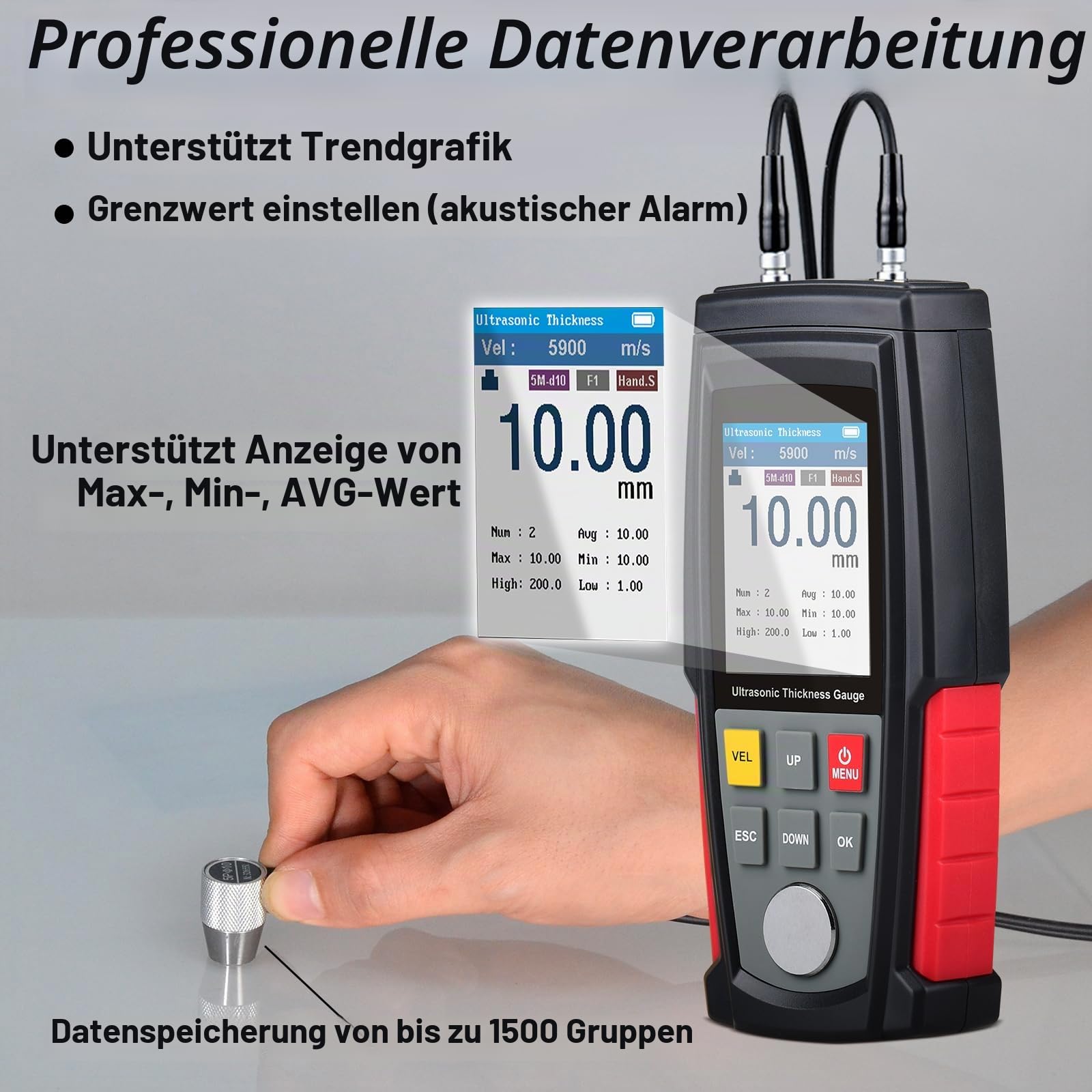Ultraschalldickenmessgerät Stahl Metall, Glasdickenmesser WT130A