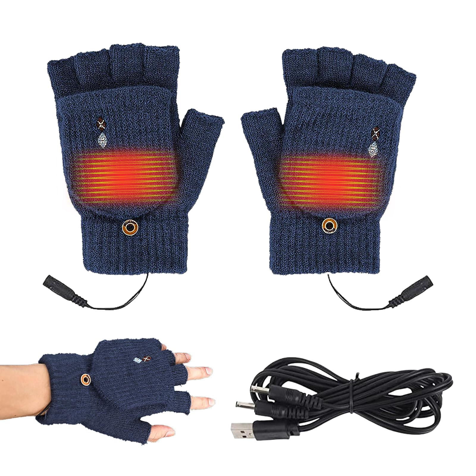 Rechargeable Hot Heated Gloves - 3 Levels, USB, Fingerless Work Gloves - Blue