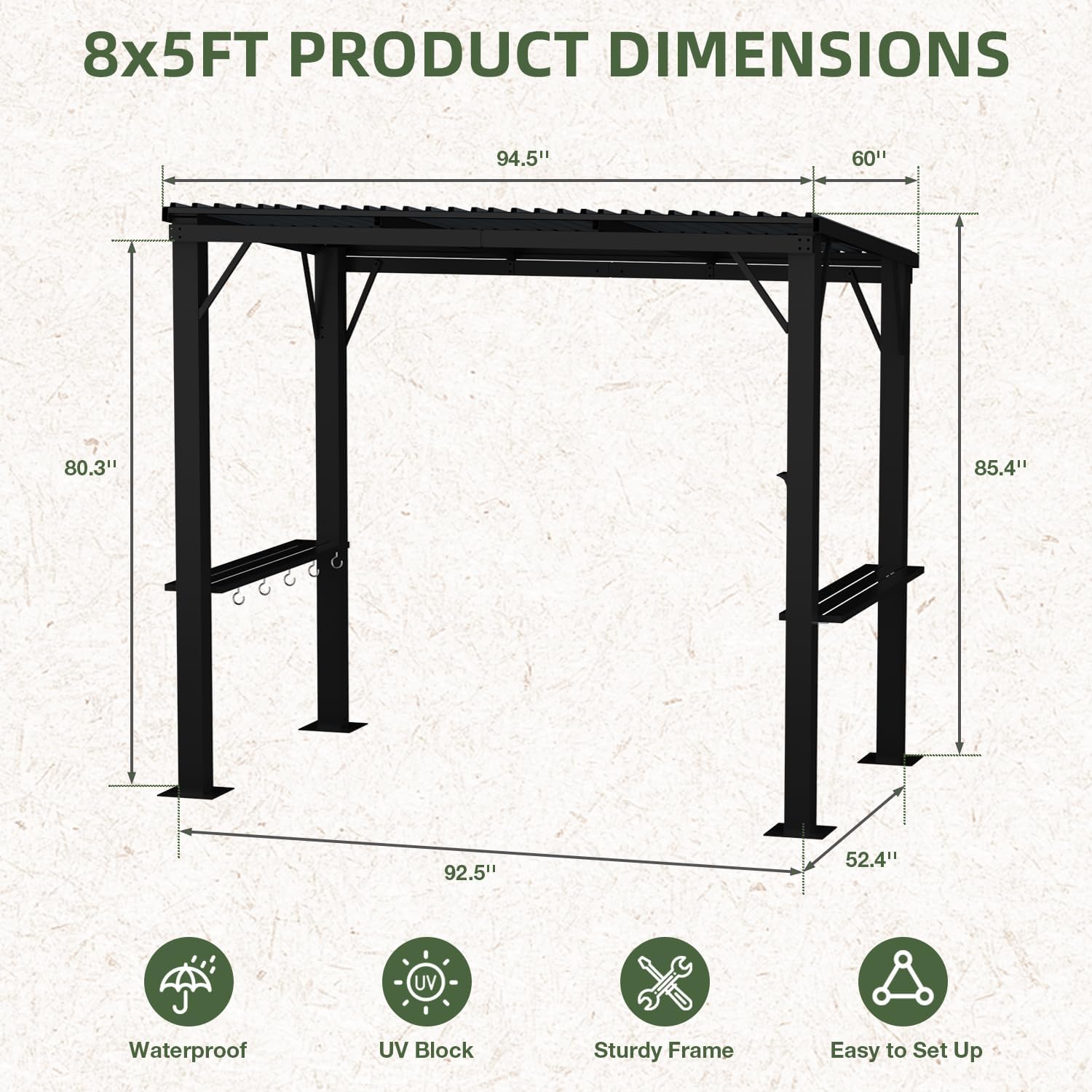EBE 5'x8' Hardtop Grill Gazebo, Outdoor Gazebo with Side Shelves, BBQ Grill Canopy with Bottle Opener & Hooks, Metal Gazebo Pergola for Patio, Backyard, Deck 5' x 8'