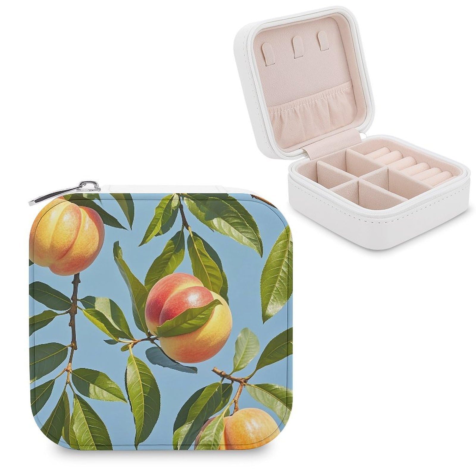 LZQPOEAS With Peach Leaves Jewelry Box Mini Jewelry Travel Case Trendy Stuff Ring Box Custom PU Leather Jewelry Boxes Portable Jewelry Case Earring Storage Organizer for Girls Women