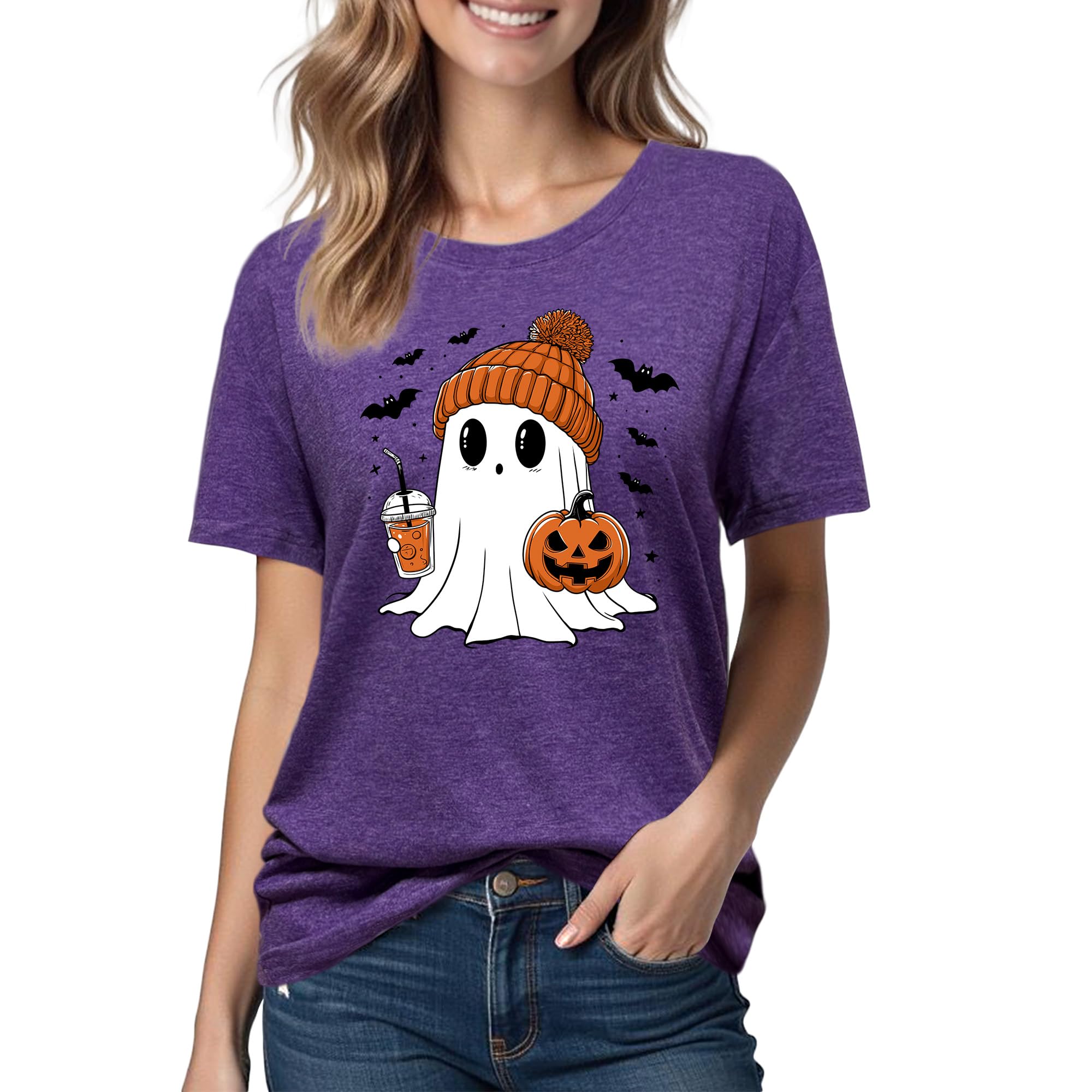 Halloween Shirts for Women: Pumpkin Ghost Short Sl...