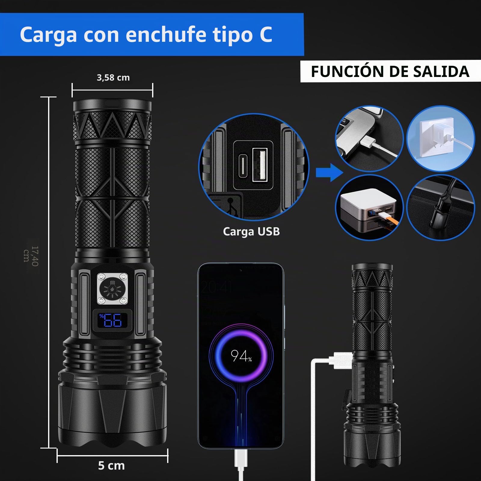 JAY-PARK Linterna LED recargable de 10000 lúmenes, linterna súper brillante con pantalla de alimentación digital y zoom, linternas de alto lúmenes recargables para camping, exteriores