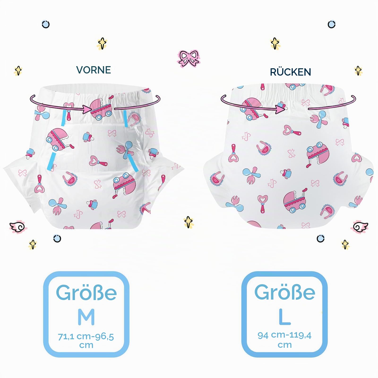 CutiePlusU Windeln für Erwachsene 10 Stück, Einweg-Inkontinenzslip mit Laschen für Frauen und Männer, maximale Saugfähigkeit über Nacht- Baby Dream (Groß 37"-47")