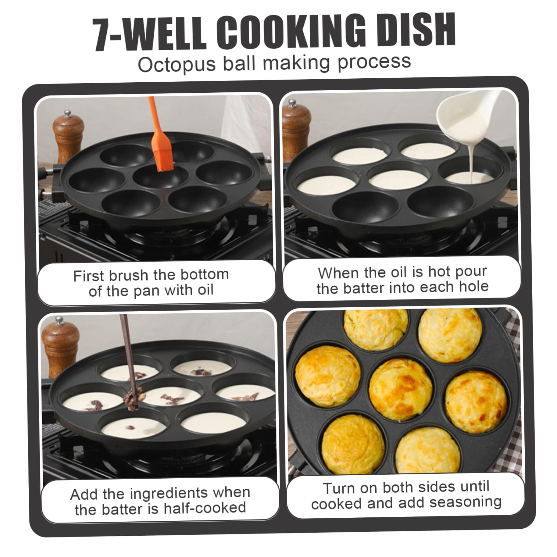 Gusseisen Aebleskiver Pan 7-Loch Takoyaki Pfanne Aluminiumlegierung Anti-Scald
