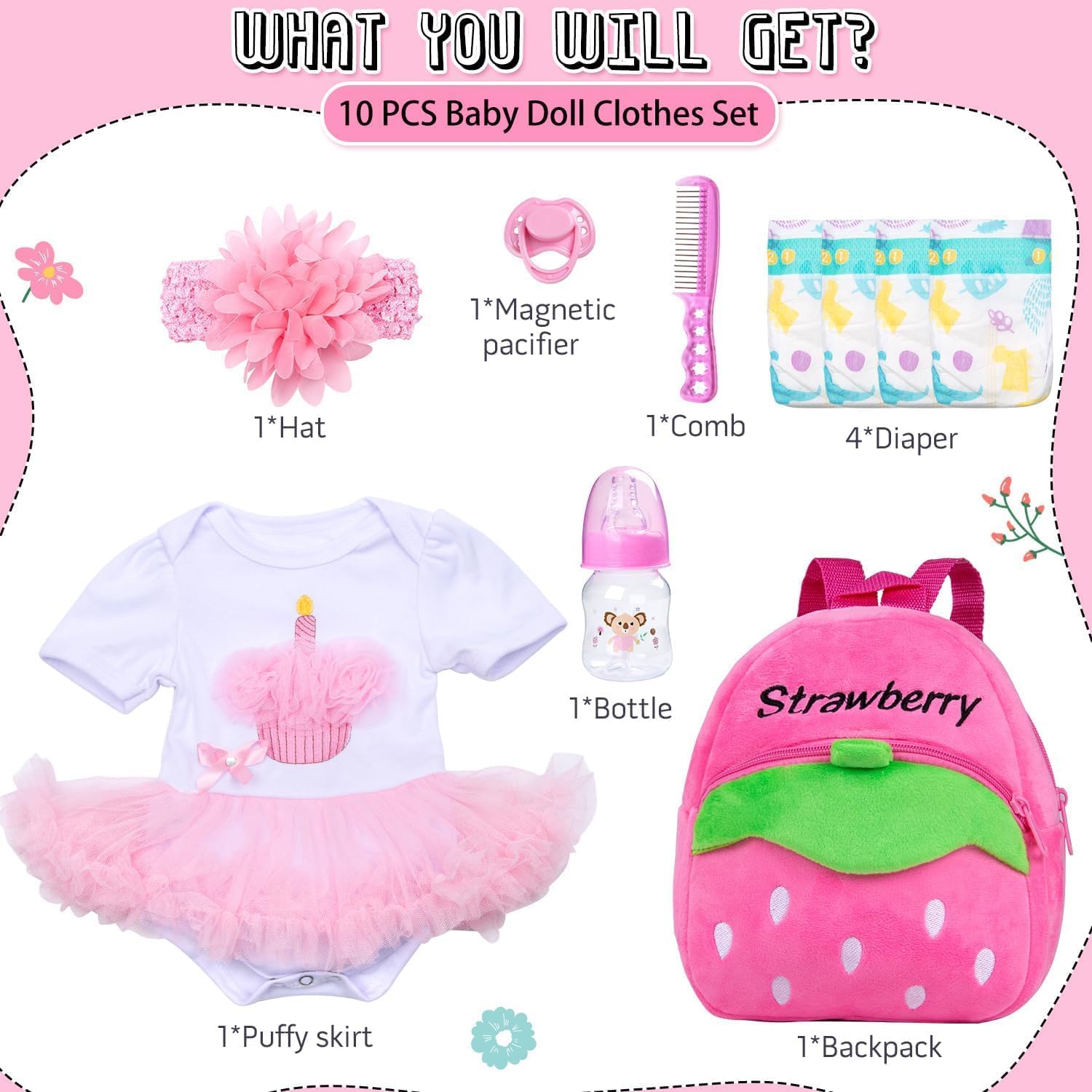 10 Pcs Reborn Baby Doll Clothes Pink Outfit Accessories Set for 20-22 Inch Reborn Doll Clothes Girl Newborn Baby Accessories with Backpack