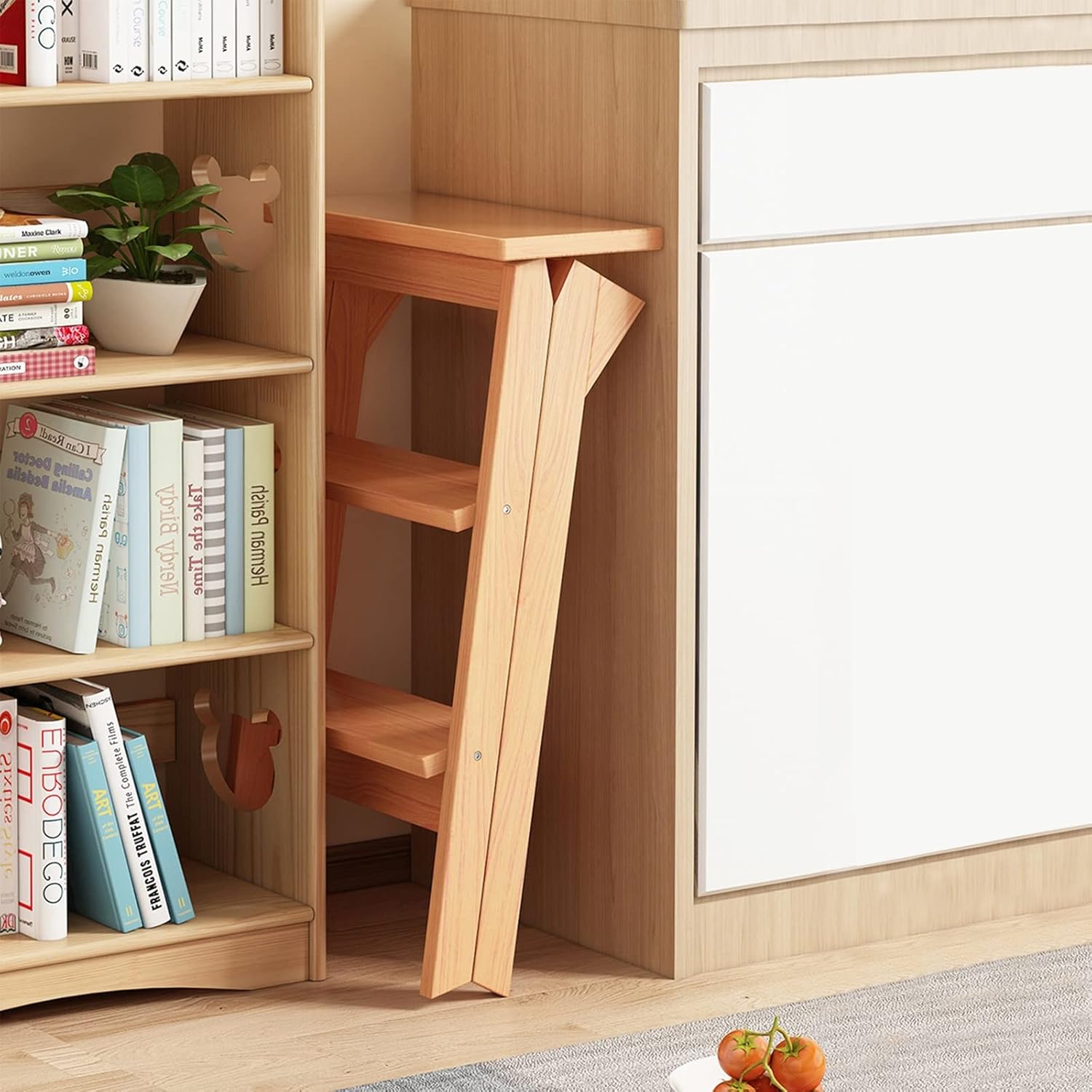 Folding Ladder Chair Rack Step Stool, 3 Step Wood Multifunction Stepladder Stairs Chair Moveable Home Kitchen Climb Steps Ladder Stool