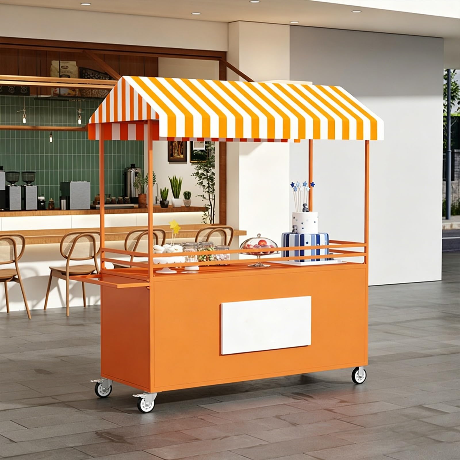 Mobiler Verkaufswagen Für Lebensmittel, Tragbarer Imbisswagen Mit Gestreiftem Dach, Verkaufsstand Mit Großer Arbeitsfläche Und Stauraum, Ideal Für Märkte Veranstaltungen(Orange)