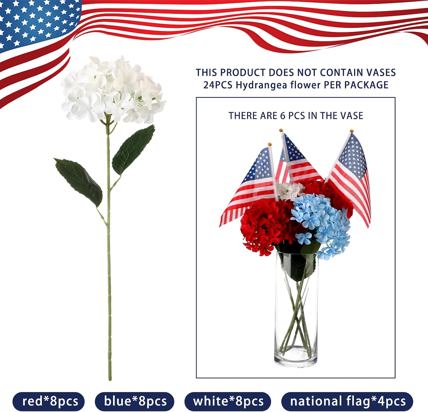 24 Pcs 4th of July Artificial Hydrangea Flowers with 4 Pcs American Flags Red White Blue Decorations Memorial Day Patriotic Flowers for 250th Anniversary Vase Porch Patio Yard Table Decor