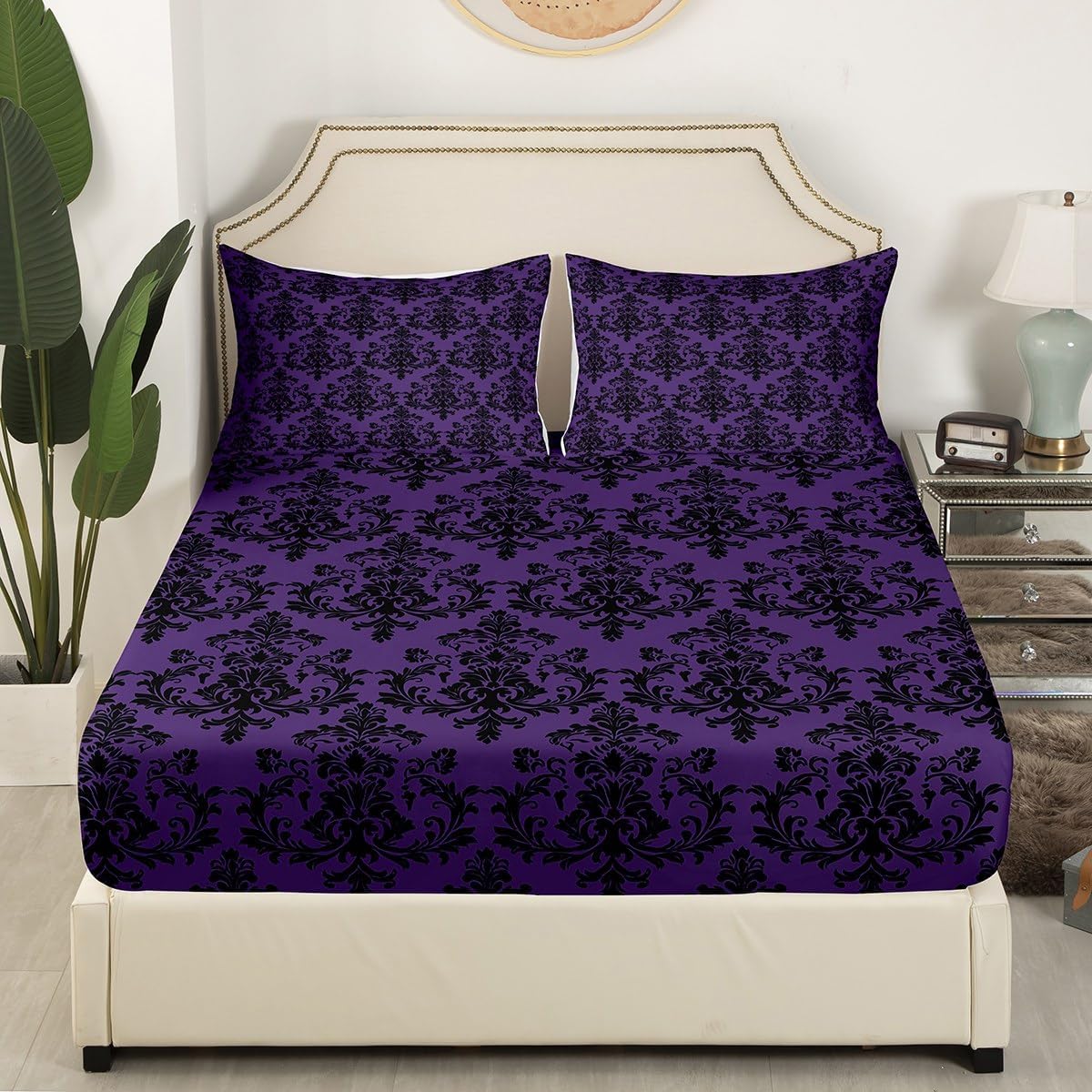 Purple Black Damask Fitted Sheet Full Size,Antique Victorian Baroque Boho Style Mattress Cover,1 Fitted + 2 Pillowcases,Vintage Gothic Lace Floral Print Deep Pocket Bed Cover (No Top Sheet),Polyester