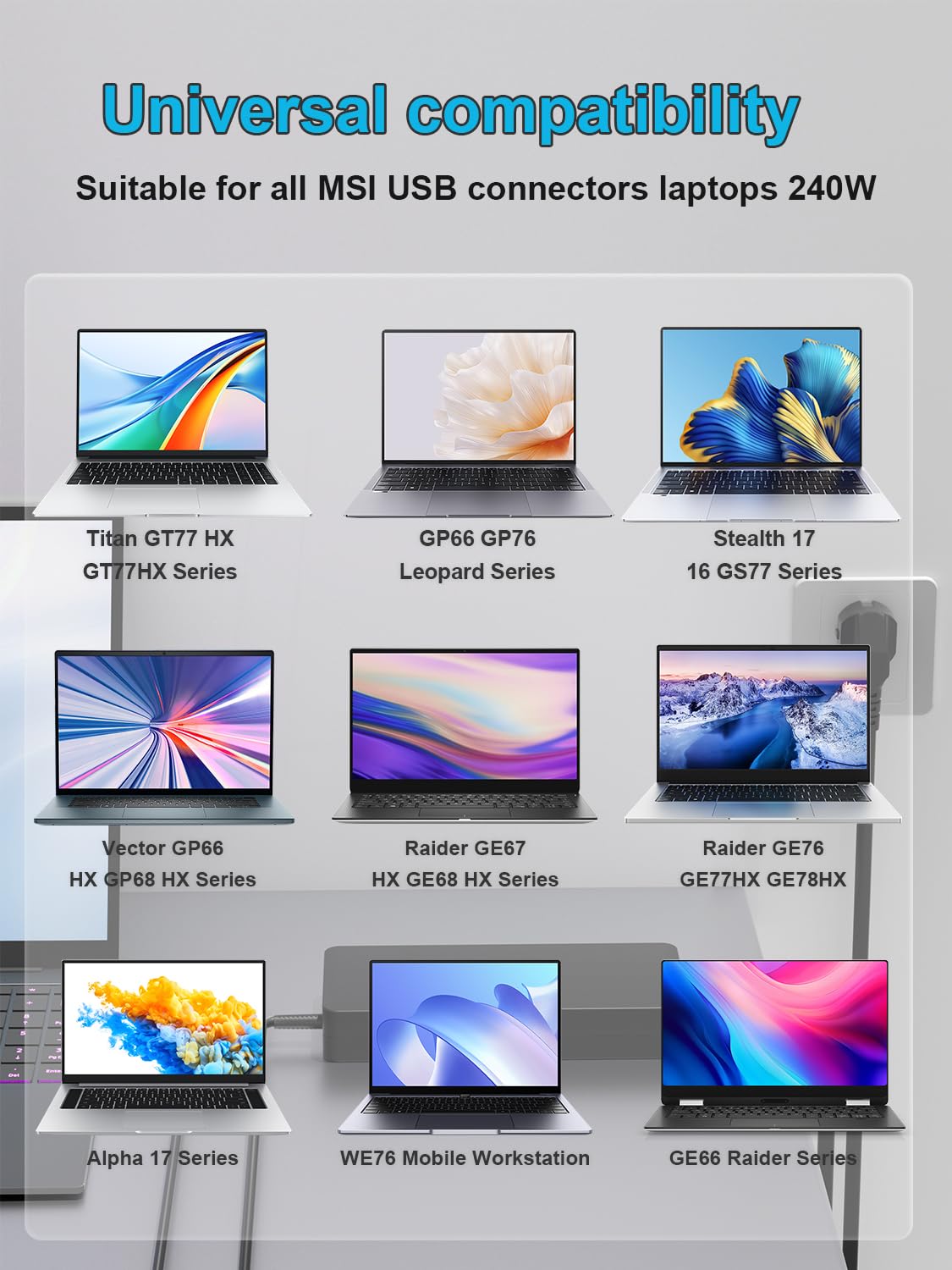240W Zasilacz Kompatybilny z Msi GP66 GP76 Leopard GE76 GE66 Raider WE76 Stealth GS77 Stealth 17 16 Studio/Mercedes AMG CreatorPro Z17 Z16P Z16 X17 12th 13th Laptop
