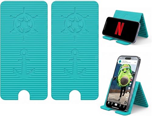 Adjustable Foldable Silicone Phone Stand 2-Pack, Cyan Blue, with Charging Port, Non-Slip Desk Holder for iPhone, Samsung, Tablets