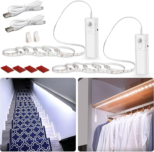 Miniatura 10 de WOBANE Tira de luz recargable con sensor de movimiento, luces LED para armario, escalera, despensa, armario, cama, casillero, 2700 K, blanco cálido