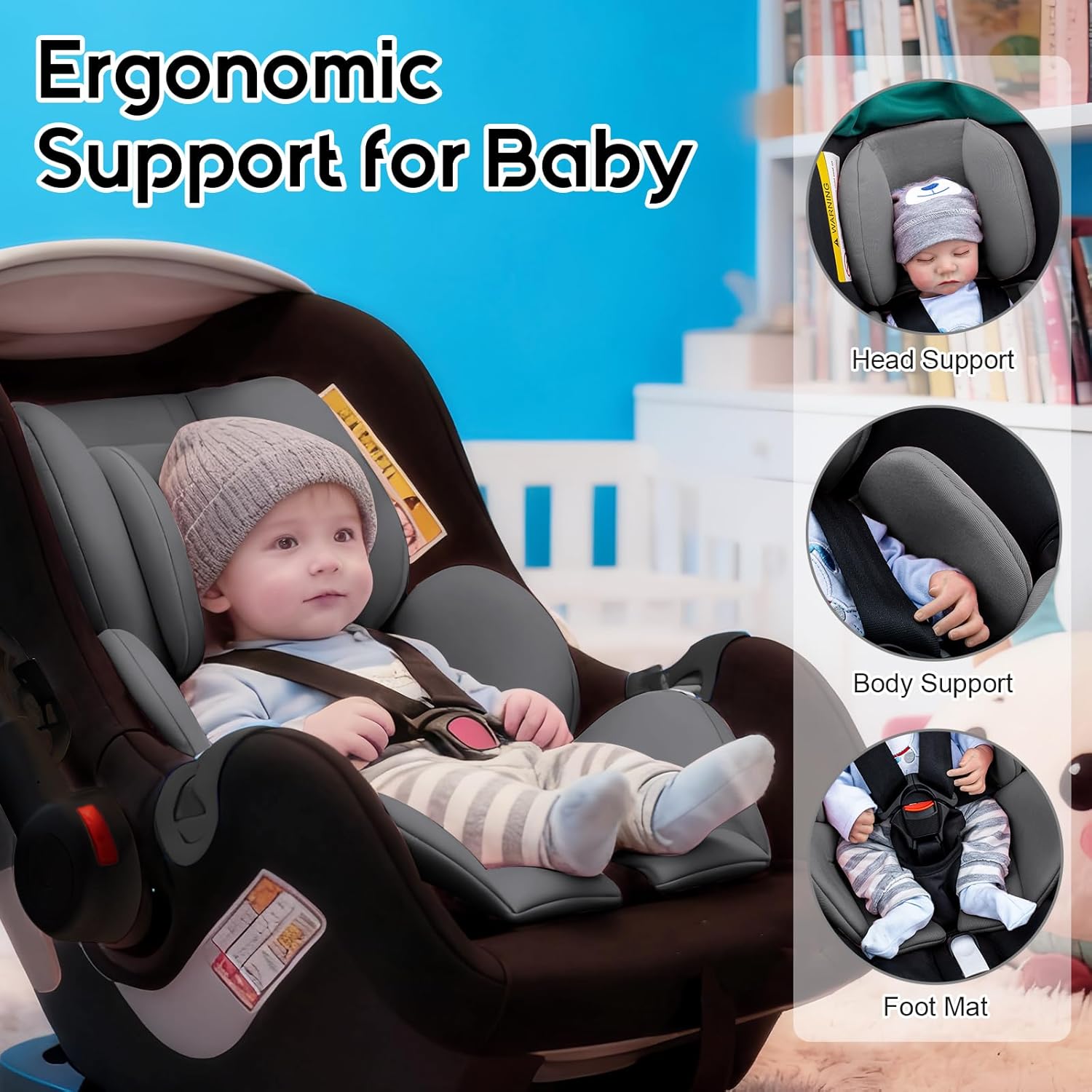 Thickened Carseat Head Support for Infant, Infant Car Seat Insert with Extra Headrest for Preemie to Newborn, Adjustable Baby Car Seat Cushion with Filled Natural Spong