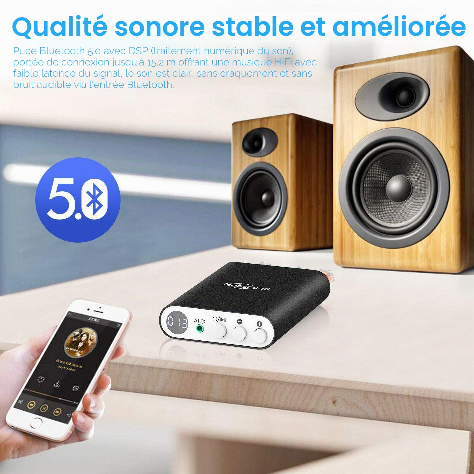 Mini amplificateur numérique Bluetooth 5.0 DSP TPA3221 Amplificateur de puissance intégré Récepteur stéréo 2 canaux Amplificateur audio domestique 200W (Nobsound TA-21)