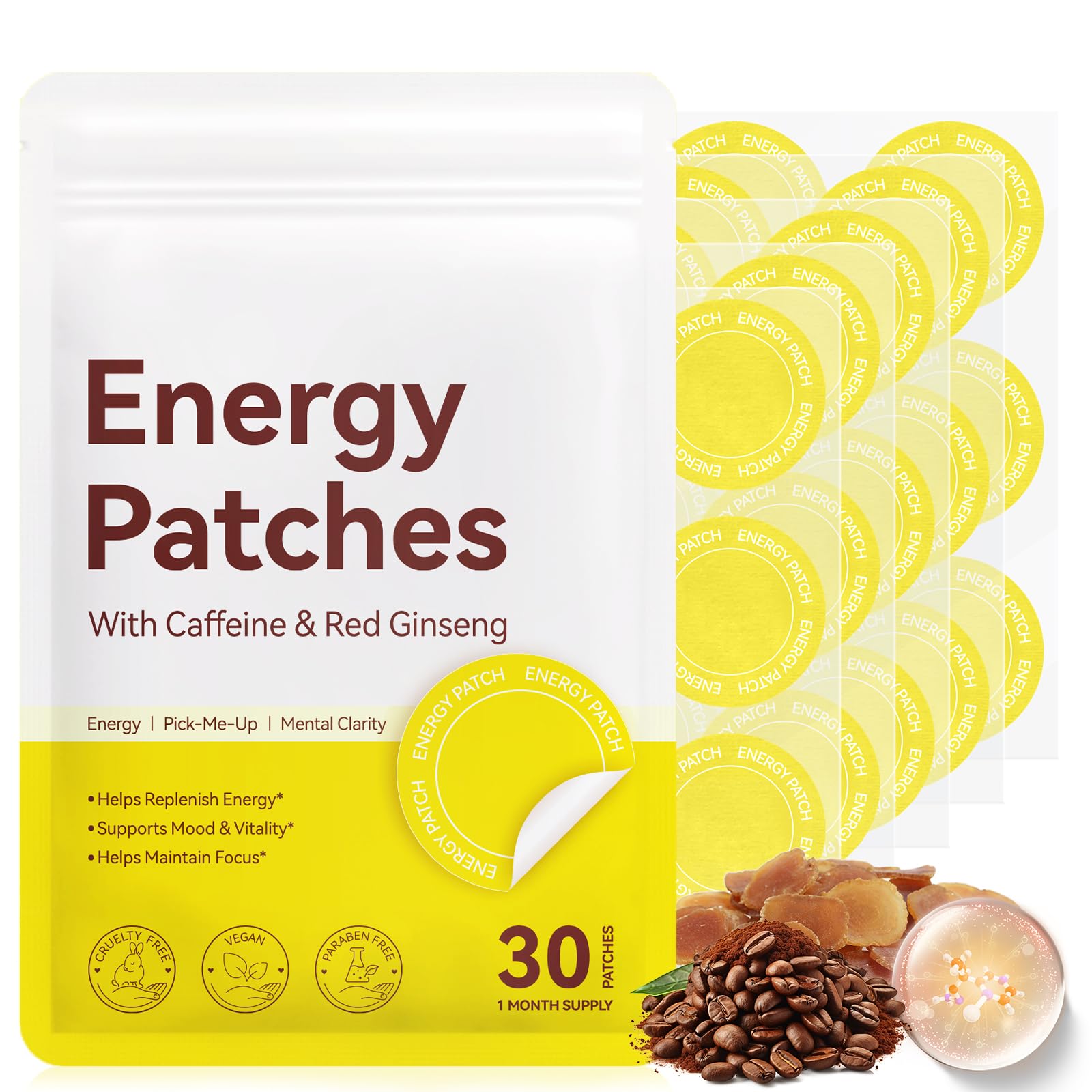 NBTREKTIE Adesivos de Cafeína com Biotina, Vitaminas B5, B3 e B12, 30 unidades