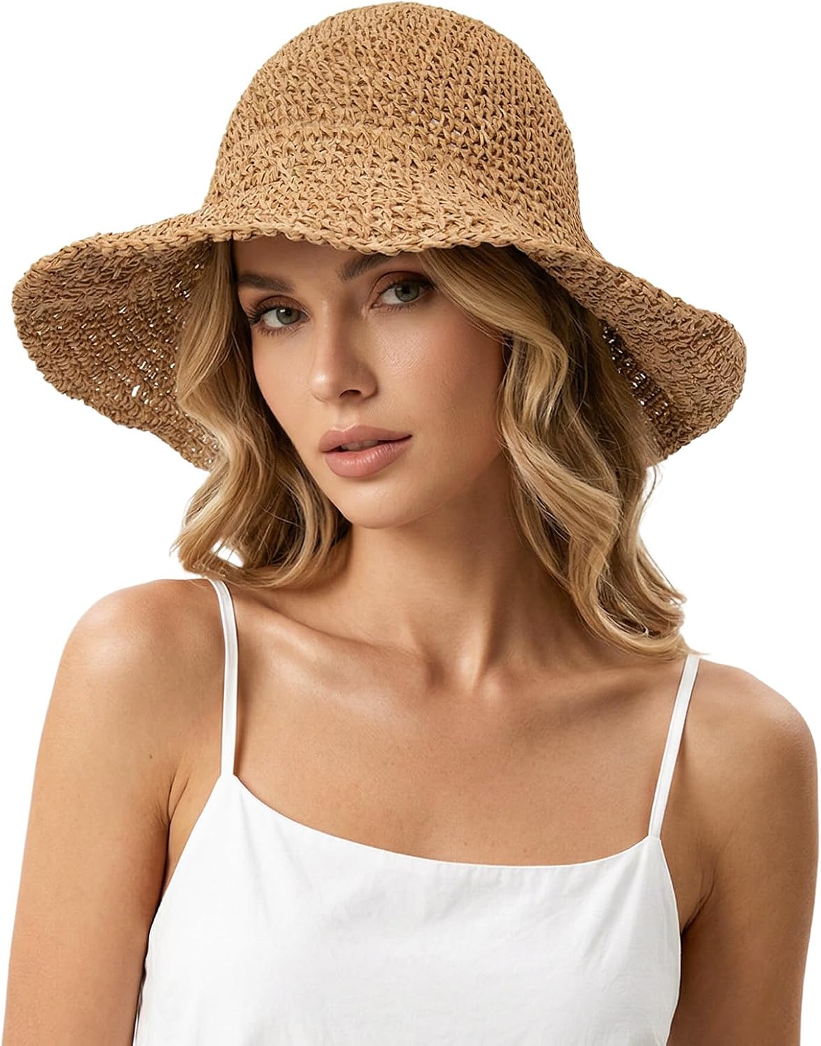 Summer Straw Hats for Women Foldable Beach Wide Brim Packable Sun Hat Brown