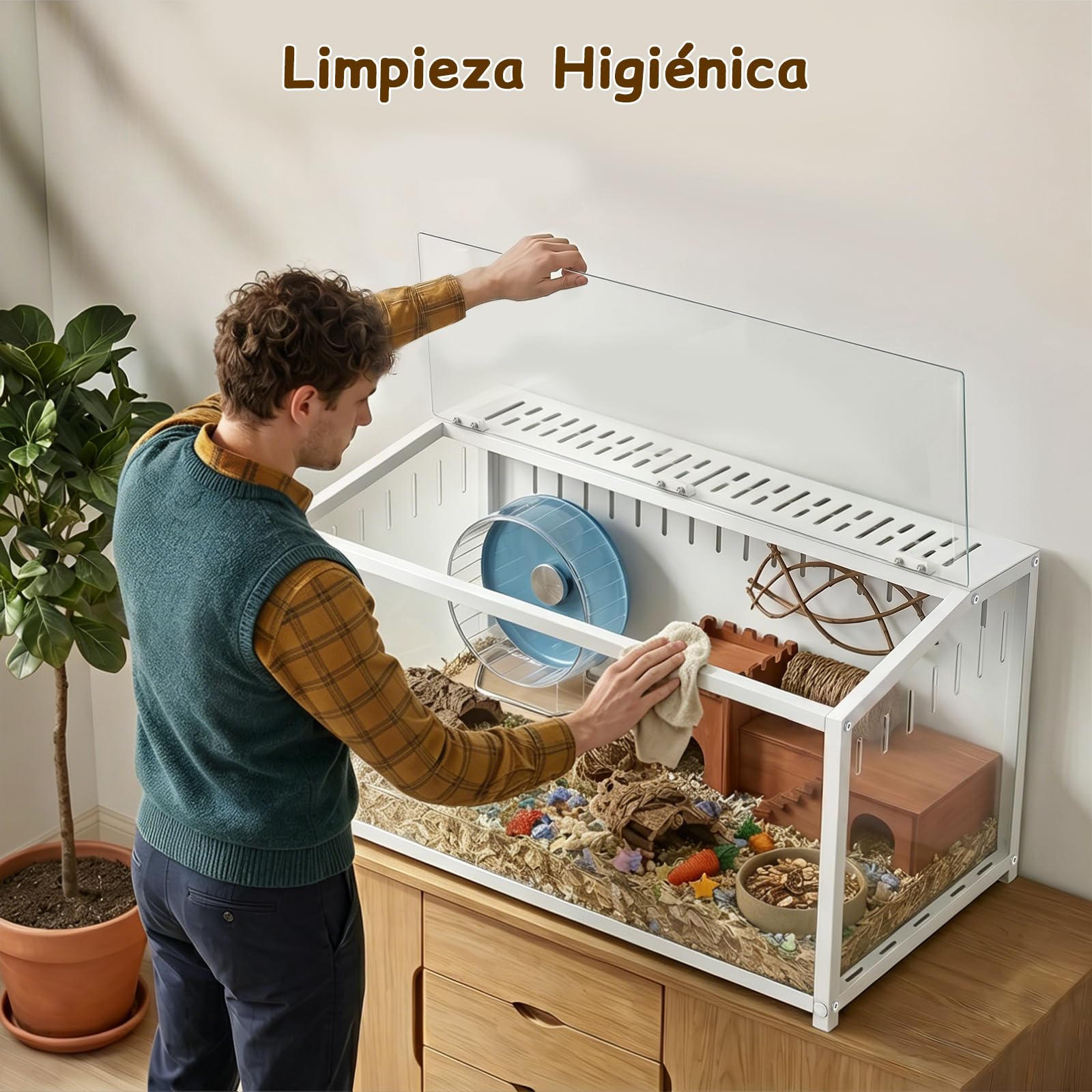 BORISI Jaula Hamster Metal 81x40,6x40,6 cm, Anti mordeduras, Blanco | paneles PC duraderos, marco anti mordidas, tapa superior, buena ventilación, fácil de limpiar, para hámster enano