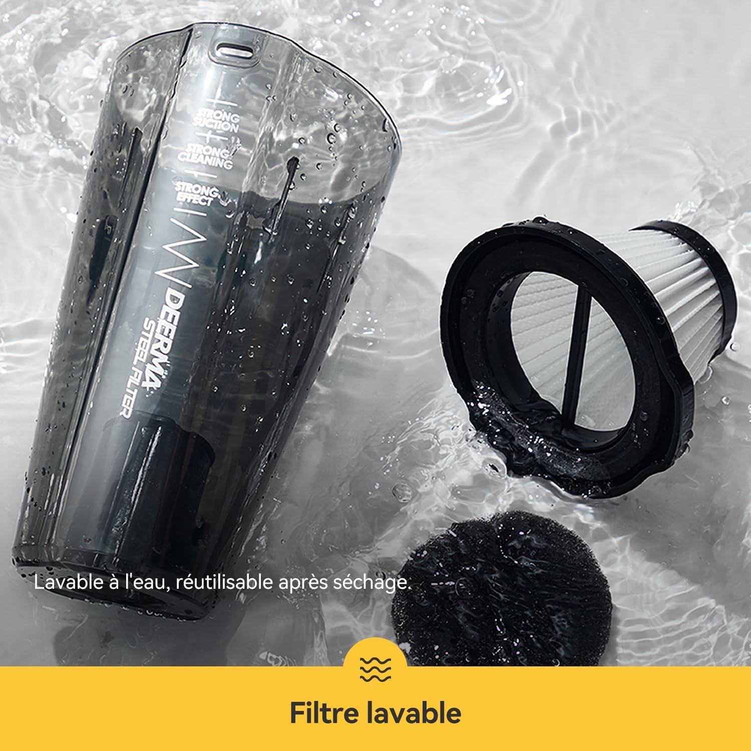 Deerma DEM-DX115C vacuum cleaner head on various surfaces: tile, wood, and carpet, demonstrating deep cleaning capability.