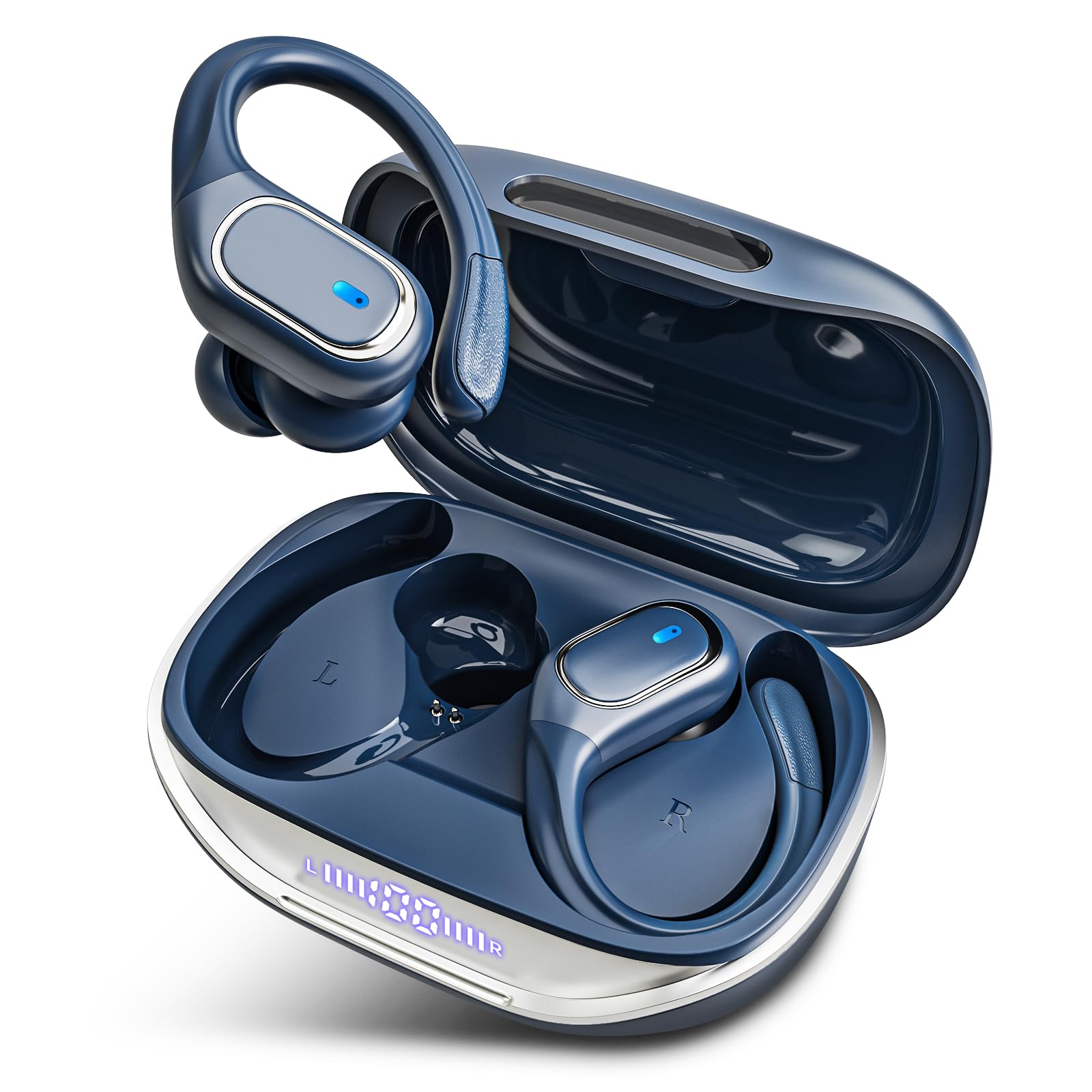 Wireless Earbuds Bluetooth Headphones 80Hrs Playtime Ear Buds IPX7 Waterproof Sports Earphones Wireless Charging Case Over-Ear Earhooks Headest Blue